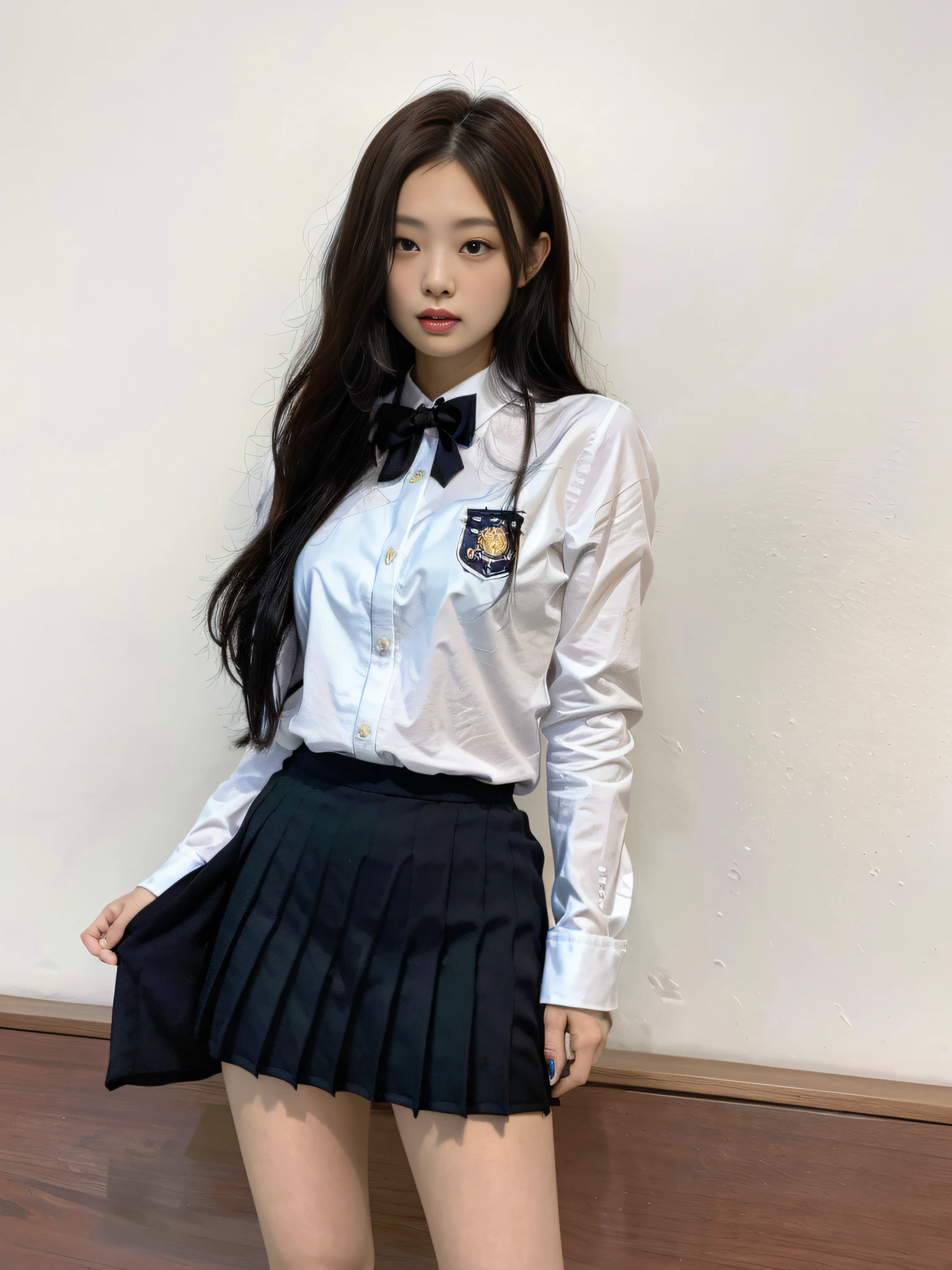 ulzzang-6500-v1.1, (raw photo:1.2), (photorealistic:1.4), beautiful detailed girl, very detailed eyes and face, beautiful detailed eyes, ridiculous, incredibly ridiculous, huge file size, super detailed, high resolution, very detailed, best quality, masterpiece, kemomimi, jennie face, wearing ((Japanese girls' high school uniform)), standing pose, full body, illustration, Very detailed, CG, unity, 8k wallpaper, amazing, fine details, masterpiece, best quality, very detailed CG unified 8k wallpaper, face light, movie lighting, 1girl, (((dynamic pose))),