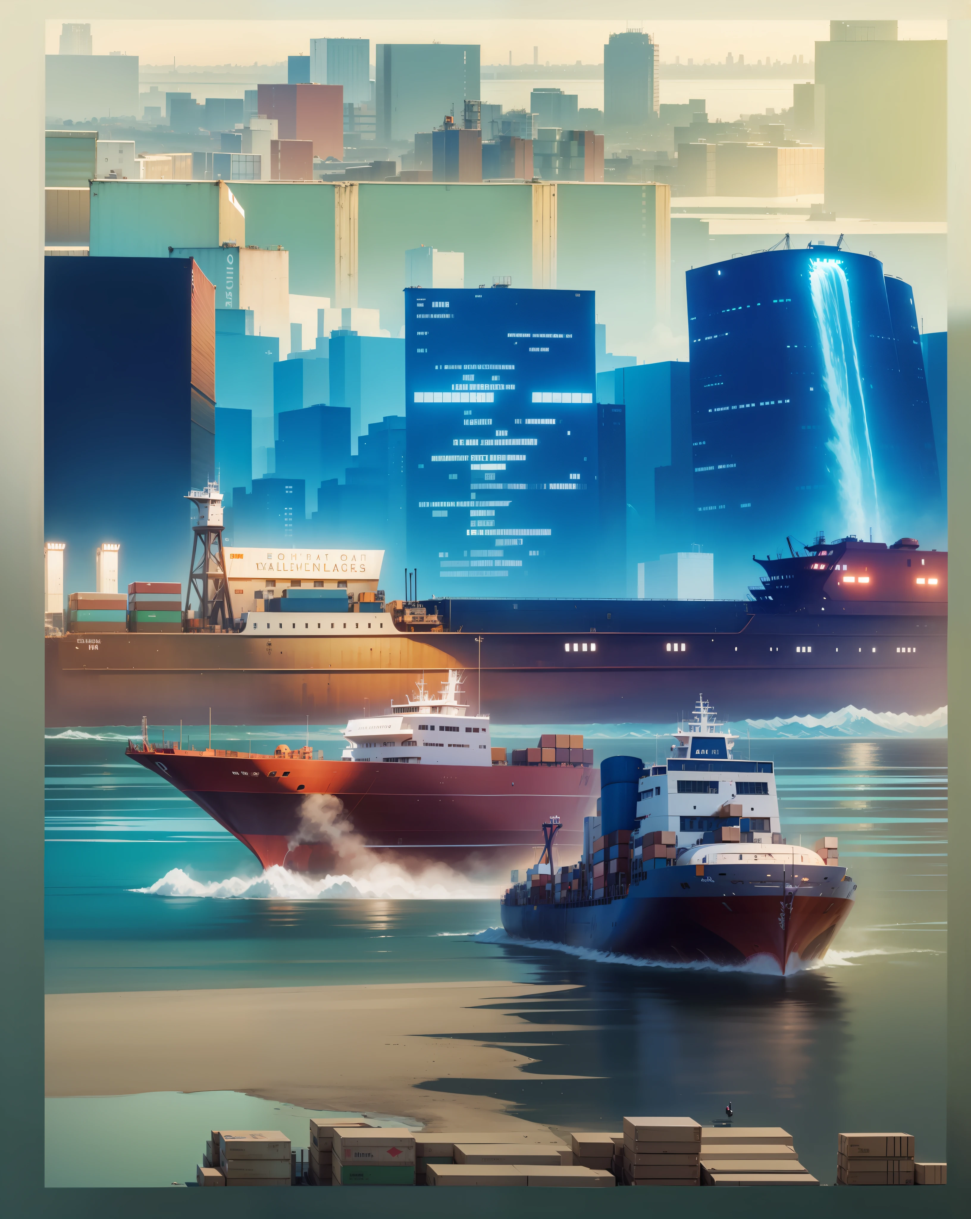 A cargo ship full of containers passes through the middle of a canal. In the background, there is a city with blue skyscrapers and a green mountain. --auto