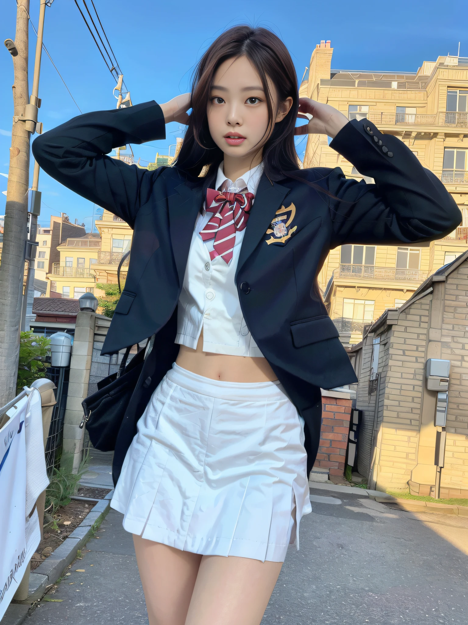 ulzzang-6500-v1.1, (raw photo:1.2), (photorealistic:1.4), beautiful detailed girl, very detailed eyes and face, beautiful detailed eyes, ridiculous, incredibly ridiculous, huge file size, super detailed, high resolution, very detailed, best quality, masterpiece, kemomimi, jennie face, wearing ((Japanese girls' high school uniform)), standing pose, full body, illustration, Very detailed, CG, unity, 8k wallpaper, amazing, fine details, masterpiece, best quality, very detailed CG unified 8k wallpaper, face light, movie lighting, 1girl, (((dynamic pose))),
