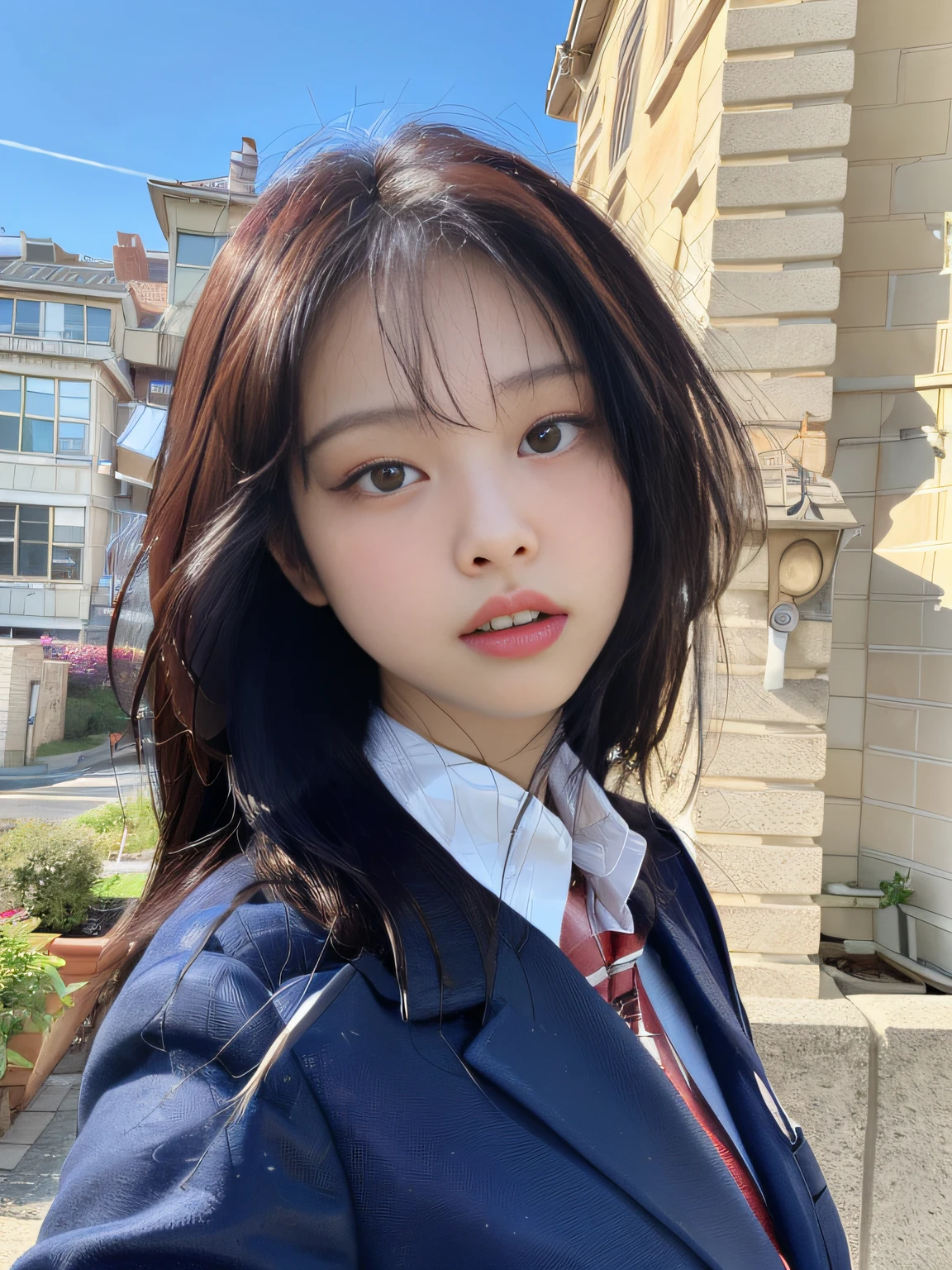 ulzzang-6500-v1.1, (raw photo:1.2), (photorealistic:1.4), beautiful detailed girl, very detailed eyes and face, beautiful detailed eyes, absurd, incredibly ridiculous, huge file size, super detailed, high resolution, very detailed, best quality, masterpiece, kemomimi, jennie face, wearing (((Japanese girls' high school uniform)), illustration, very detailed, CG, unity, 8k wallpaper, amazing, fine details, masterpiece, best quality, very detailed CG unified 8k wallpaper, face light, movie lighting, 1girl, (((dynamic pose))),