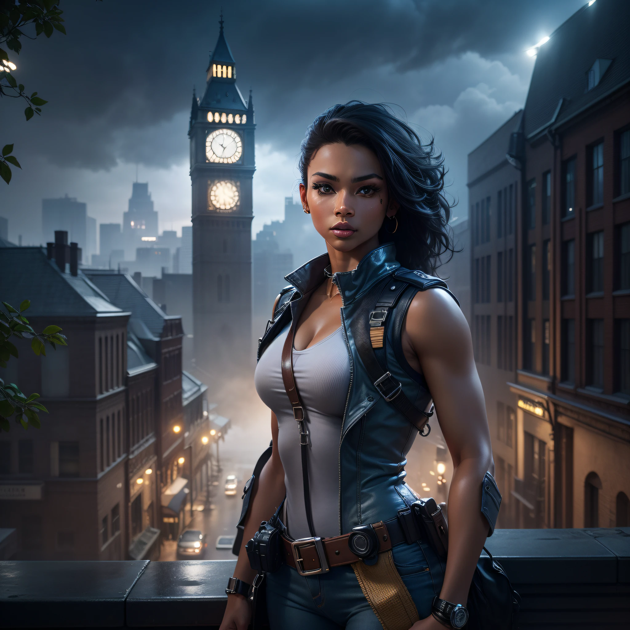 "An urban environment with an aerial view of a clock tower. The tower is situated in a misty atmosphere with cinematic lighting. The main subject is a beautiful, strong-featured, dark-skinned female character with clear, reflective light-colored eyes. She is standing on patrol, wearing tight, short, and revealing clothing. The image should be highly detailed and flawlessly proportioned." Camera: Aerial shot Lens: Wide-angle lens Render: Photorealistic with high detail and golden ratio Lighting: Cinematic lighting with soft, nostalgic ambiance Resolution: 4K or higher --auto