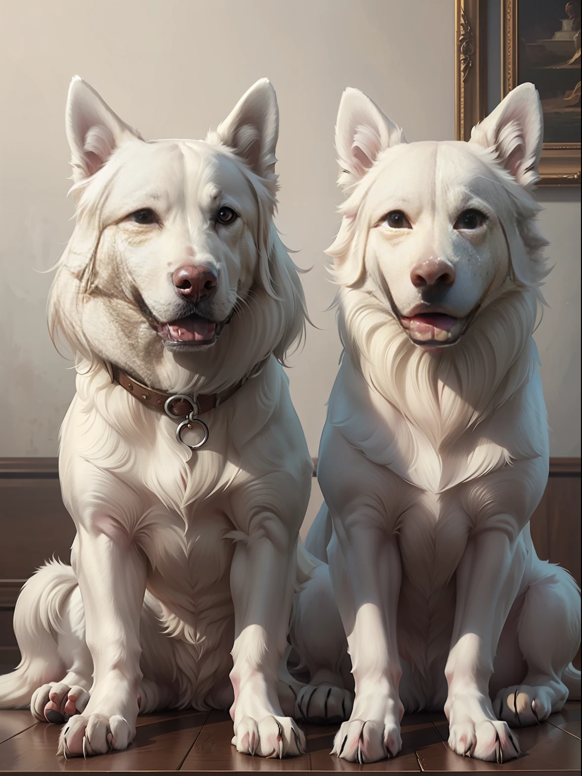 masterpiece, Highly detailed, super realistic,detailed background,
(large white dogs sitting side by side), (sideways), (from side:1.5),