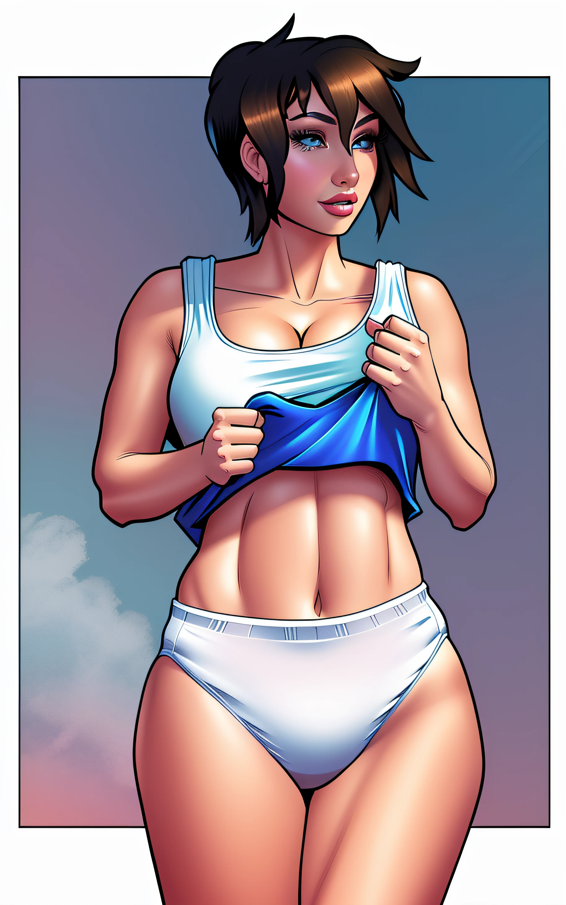 Curvy brunette Latina, lifting up white tank-top to reveal white cotton panties, comic book art style, intricate details