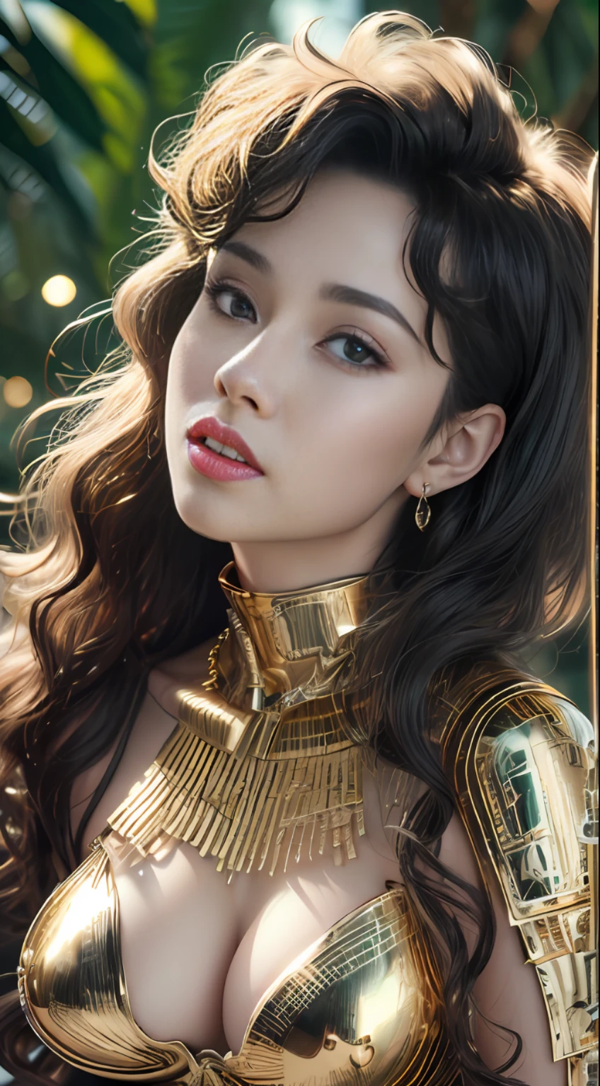 Woman naked in gold body jewelry, Highly Detailed Face and Skin Texture, ((white skin)) big green eyes, slim face, juicy lips, bimbo lips, big bimbo puffy breast, mikro breastplates ((afro curly Black hair)), pale skin, Detailed Eyes, Double Eyelids, cyberpunk gold metal jewelry BDSM, gold metal cyberpunk tapes on body, metal Collar, metal gold futuristic tiny Panties t-strings, metal panties, metal stickini, metal cupless bra, metal clothes, gold body jewelry, wet skin, she is naked. White skin, she is im Wilde dark jungle with big trees. masterpiece