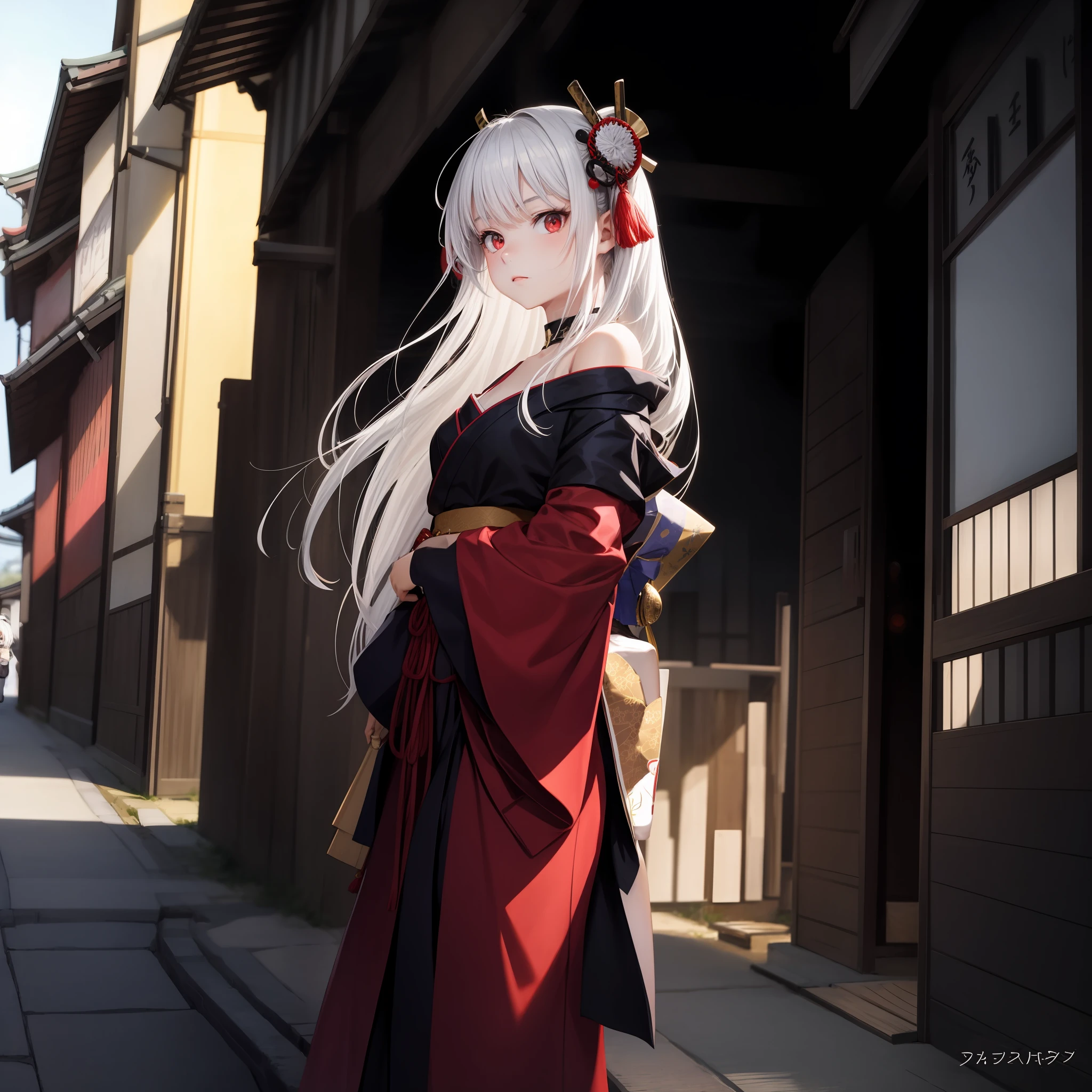 anime, girl, girl with white hair with red eyes, samurai, off-shoulder, kyoto, kyoto