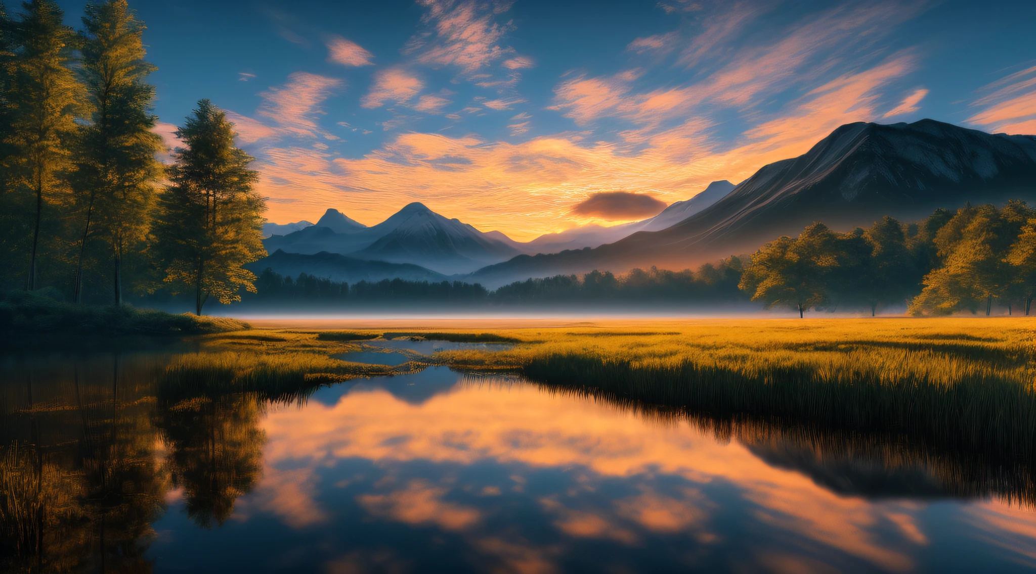 wallpaper, summer, mountain, dawn, forest, detailed forest, clouds, masterpiece, cinematics, soft light, depth of field, ray tracing, reflection in water, realism, detailed ura,
