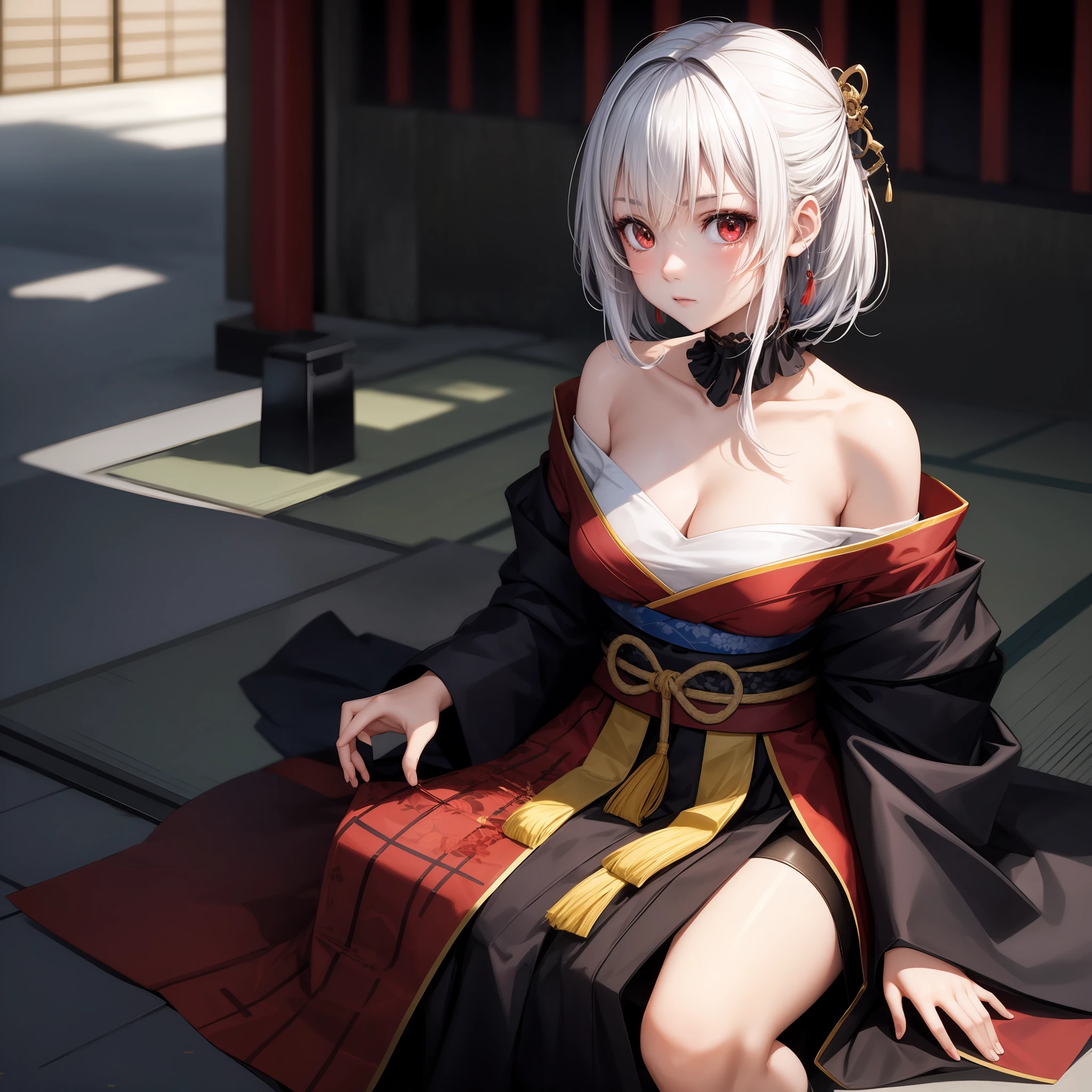 anime, girl, girl with white hair with red eyes, samurai, off-shoulder, kyoto, kyoto