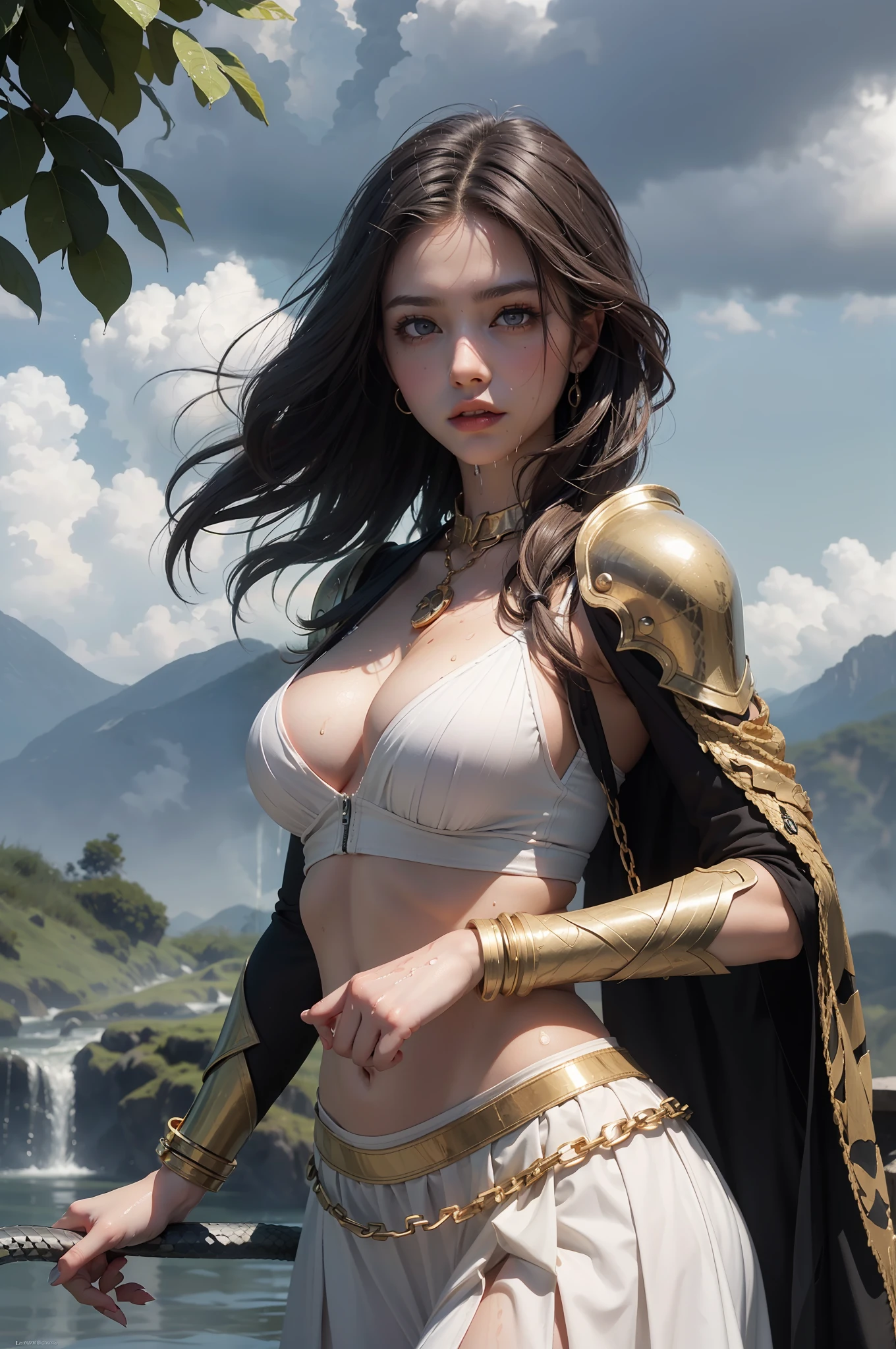Very detailed CG, beautiful eyes, girl on snake back, 1 girl, red pupils, red face, slightly open lips, wet body, face and mouth with visibly translucent white liquid, plump and symmetrical breasts, raised buttocks, black armor, gold trim, white tight deep V long skirt, short hair, various hairstyles, various accessories, hand-held chains, black python, interbody entanglement, winding effect, chest close-up, buttocks close-up, water drop effect, liquid effect, jungle, sky, mountains, clouds, Lightning effects, wind and rain effects, dynamic angles, ethereal, 8k wallpapers, masterpieces, best quality, super detailed, best lighting, best shadows