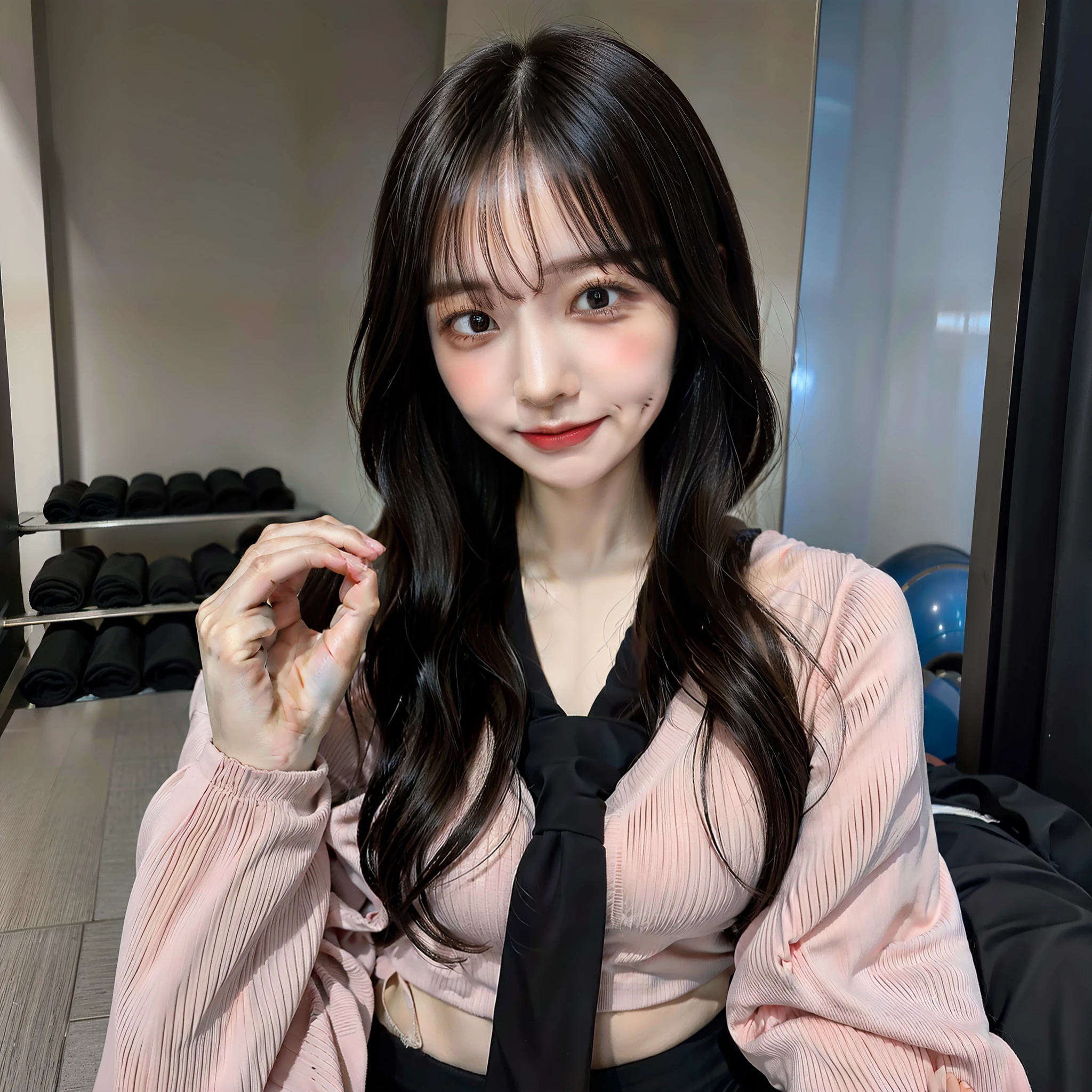 Cute girl, beautiful body seksy, gym girl, black hair , long hair, bare legs, black necktie, black trousers, long sleeves, slight smile (nose blush), realistic photography, ultra detail, high quality, 70mm lens