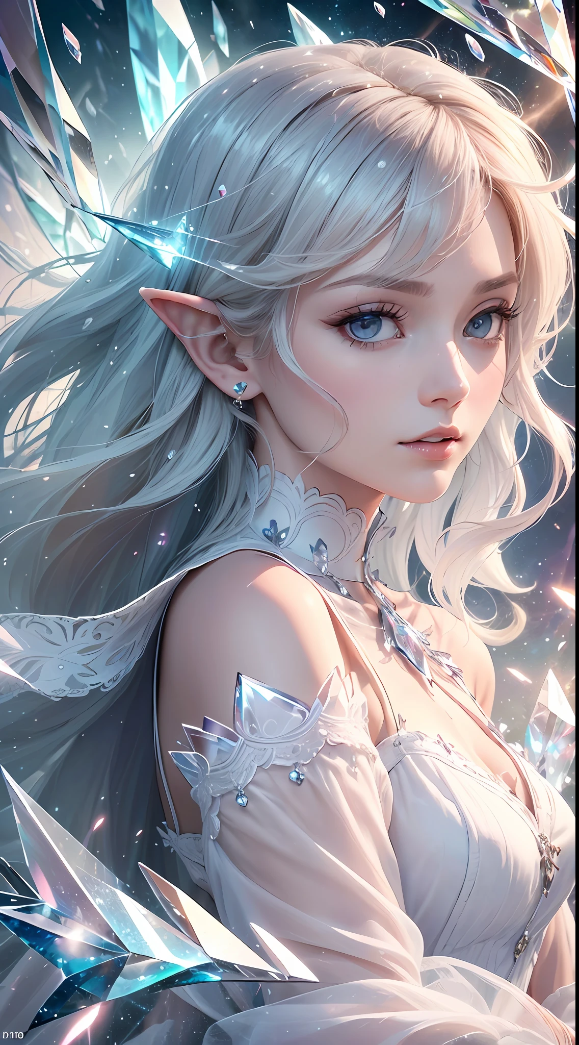 (Masterpiece, Top Quality, Best, Official Art, Beautiful and Aesthetic, Long Exposure: 1.2), Smooth Movement, Charming Patterns, 1 Girl, (Long Dress with Sleeves: 1.3), (((White Clothes) )), upper body close-up, bare shoulders, Chinese girl, blush, black lob hair, portrait, solo, upper body, looking at the observer, detailed background, detailed face, (crystallineAI, crystalline theme:1.1), elemental wind elves, rotation Wind, control the wind, white crystal clothing, dynamic pose, floating particles, ethereal dynamics, whirlwind, vapor, whirlwind in the background, white tone, whirlwind, ethereal atmosphere,