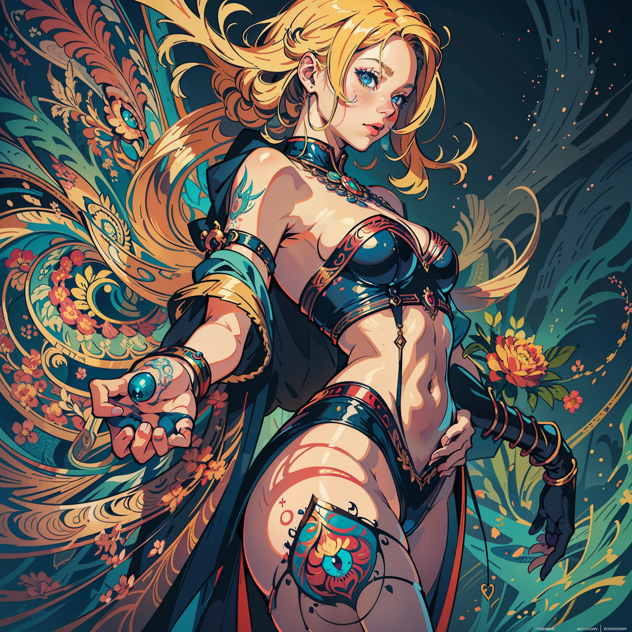 Ernst Haeckel, James Jean. generative art, baroque, intricate patterns, fractalism, film still, photorealistic, bright peacock feathers, intricate, elegant, highly detailed, digital painting, art station, smooth, sharp focus, illustration, overtaking, vaporizer, full body shot AVRIL LAVIGNE with long blonde hair and blue eyes, detailed digital anime art, artgerm on Artstation pixiv, digital anime illustration, artgerm. Anime illustration, fantasy art style,