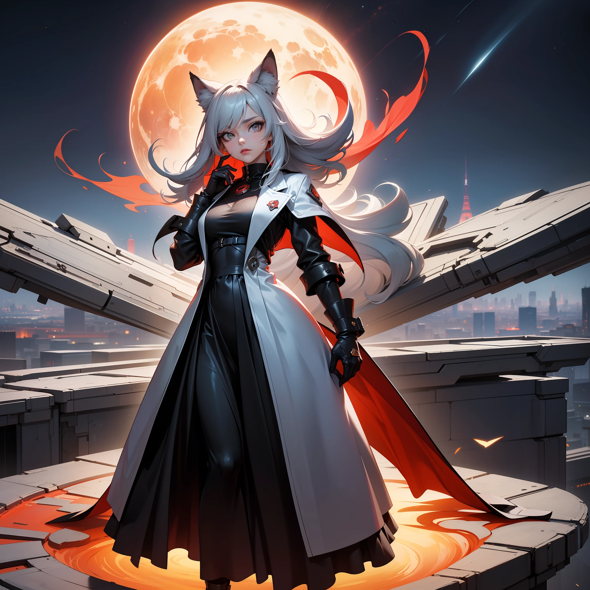 A breathtaking artwork: an enchanting half-wolf woman with gorgeous grey silver hair and ears, standing proudly in front of a sprawling cityscape, with a mesmerizing crimson planet of red color dominating the vibrant athmosphere, wow, galaxy, space, futuristic and dystopian ,(masterpiece, high quality, cinematic, best shadows and lighting, mesmerizing), hint of mystery, arrogant character, the place is surrounded by blue plants of an unknown world, pieces of lost technology around