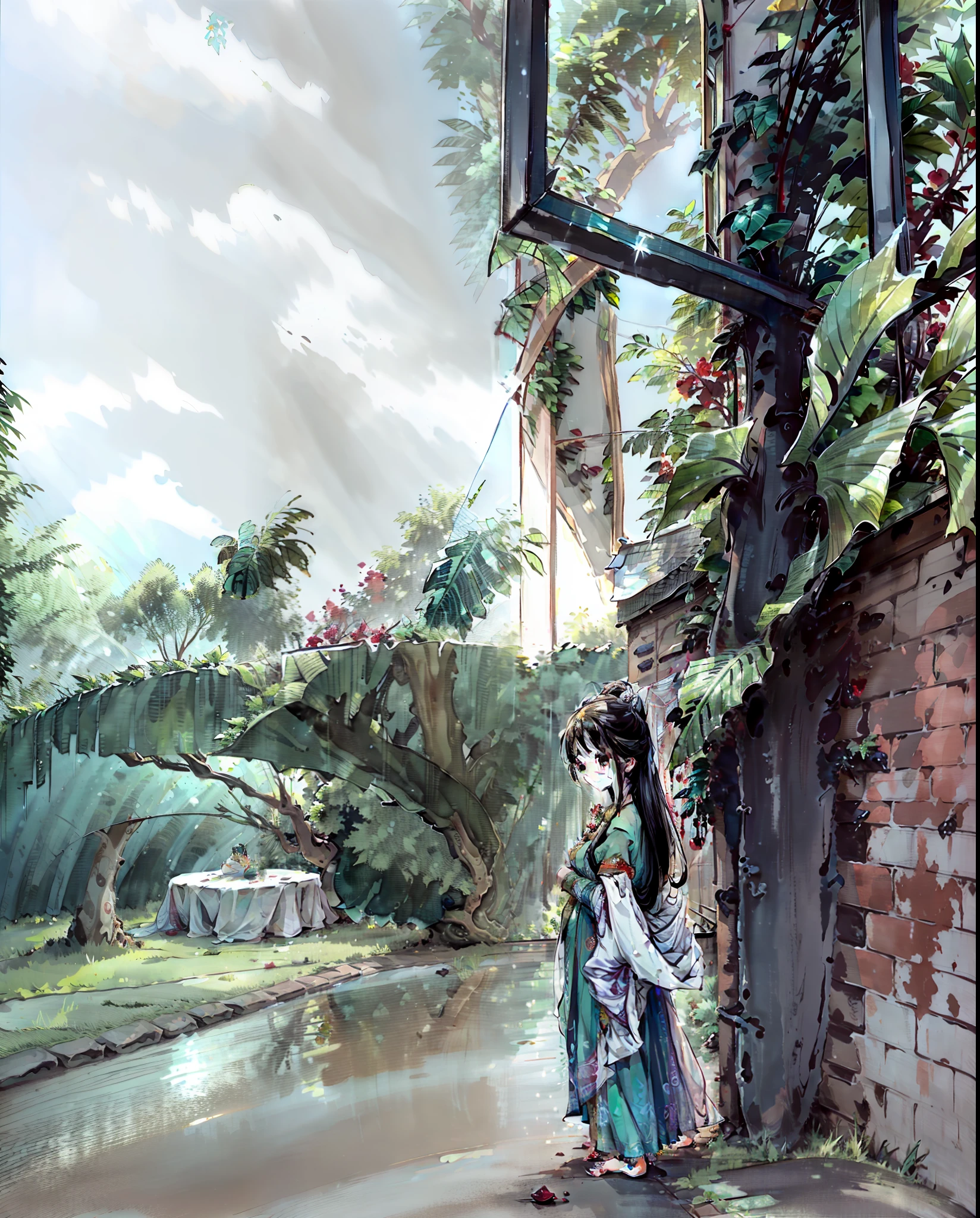 Lori, cute, barefoot, red stone wall, transparent glass reflecting the rainbow, wedding table in the distance, coconut tree, breeze, green creeper, full of spring
