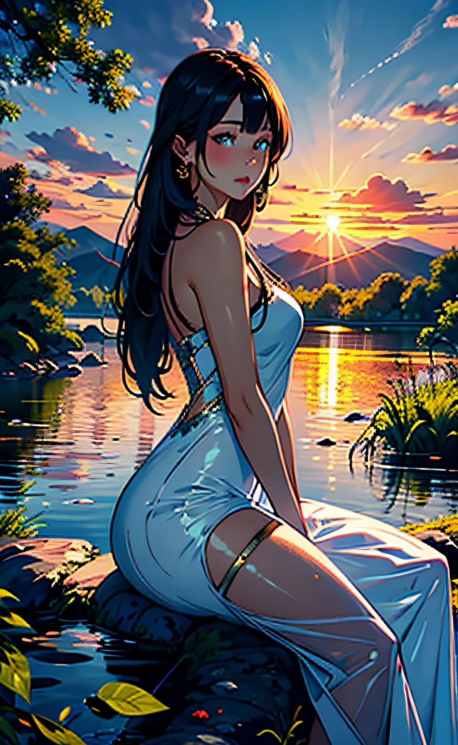 1 girl, serene expression, mesmerizing eyes, straight long hair, flowing dress, poised posture, porcelain skin, subtle blush, crystal pendant BREAK golden hour, (rim lighting):1.2, warm tones, sun flare, soft shadows, vibrant colors, painterly effect, dreamy atmosphere BREAK scenic lake, distant mountains, willow tree, calm water, reflection, sunlit clouds, peaceful ambiance, idyllic sunset, ultra detailed, official art, unity 8k wallpaper , zentangle, mandala