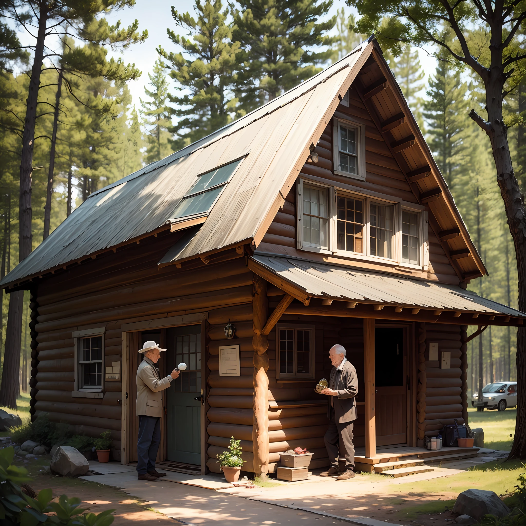 Create for me an image of an old man handing a stone to a young man in front of a humble cabin made in the woods --auto