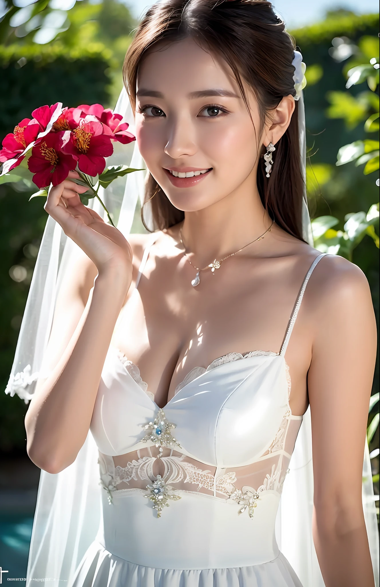 Turbulent posture, (very delicate and beautiful work), (masterpiece), 1girl, beautiful blue sea behind her, girl in wedding dress holding pink hibiscus in her hands, veil, lace, high definition, ridiculous, charming expression, smile, beautiful clear eyes, green eyes, delicate necklace, delicate earrings, full body, vivid flower garden, simple background blur, ultra-fine depiction, beautiful, attractive, ultra-fine picture, delicate face, delicate figure, thin collarbone, lovely lips, beauty big, soft back, mix4, (8k, RAW photo, best quality), masterpiece: 1.2), (realistic, photorealistic: 1.37), one girl, cute, professional lighting, photon mapping, radiosity, physically based rendering