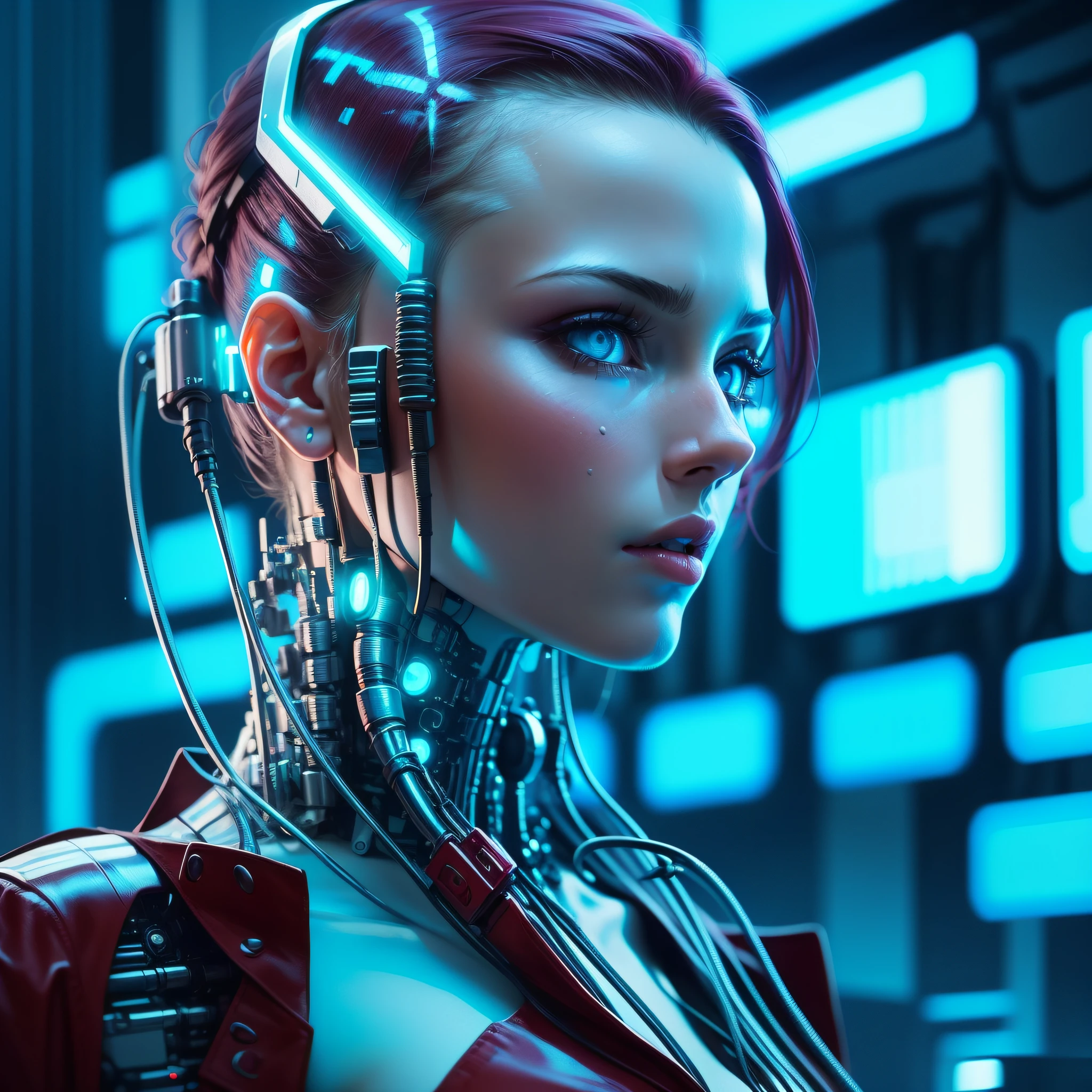 "(((A cyberpunk image of a pretty girl with cybernetic implants, with shades of wine and baby blue, highly detailed, realistic and cinematic. The image should depict reflections in the character's eyes and luminous parts in the cybernetic parts of the body. Cables should also be visible coming out of the body)))" - Image Type: Digital Illustration - Subject Description: A cyberpunk-style digital illustration depicting a pretty girl with cybernetic implants. The image is highly detailed, realistic and has a cinematic atmosphere. The predominant shades are wine and baby blue. The illustration should emphasize reflections in the character's eyes and luminous parts in the cybernetic areas of the body. The presence of cables coming out of the body should also be visible. - Art Styles: Cyberpunk, Realism, Cinematic - Dominant Colors: Wine, Baby Blue - Subject Details: Girl with cybernetic implants, reflections in the eyes, luminous parts on the body, cables coming out of the body - Rendering Techniques: Detailed Digital Illustration --auto