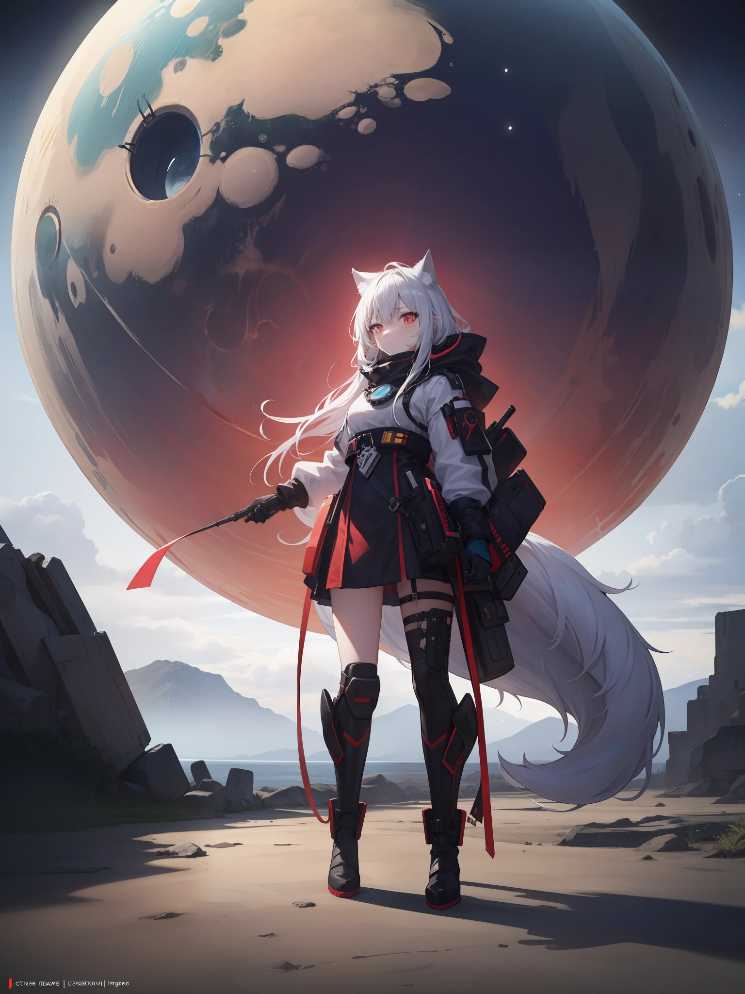 A breathtaking artwork: an enchanting half-wolf woman with gorgeous grey silver hair and ears, standing proudly in front of a sprawling cityscape, with a mesmerizing crimson planet of red color dominating the vibrant athmosphere, wow, galaxy, space, futuristic and dystopian ,(masterpiece, high quality, cinematic, best shadows and lighting, mesmerizing), hint of mystery, arrogant character, the place is surrounded by blue plants of an unknown world, pieces of lost technology around