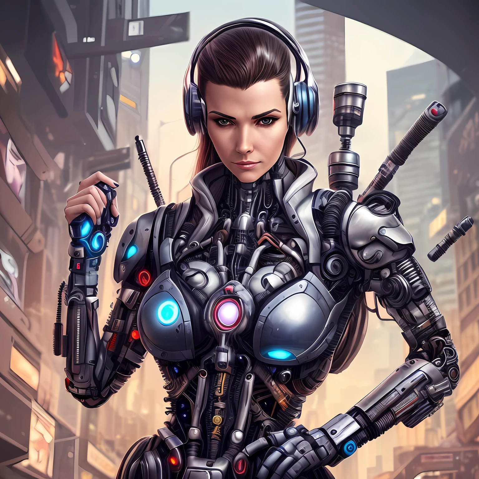 a 50 year old woman with a metal head piece, cybernetic machine female face, cyborg - woman, detailed portrait of a cyborg, portrait of a cyborg, perfect cyborg woman, cyborg woman 50 years old, cyborg woman, beautiful face of cyberpunk woman, portrait of a cyborg queen, portrait of a cyberpunk cyborg, beautiful cyborg woman, Cyborg fashion model, cyberpunk face and cyborg full body, with 2 coborg arms, 2 cyborg legs and erect body, standing. --auto