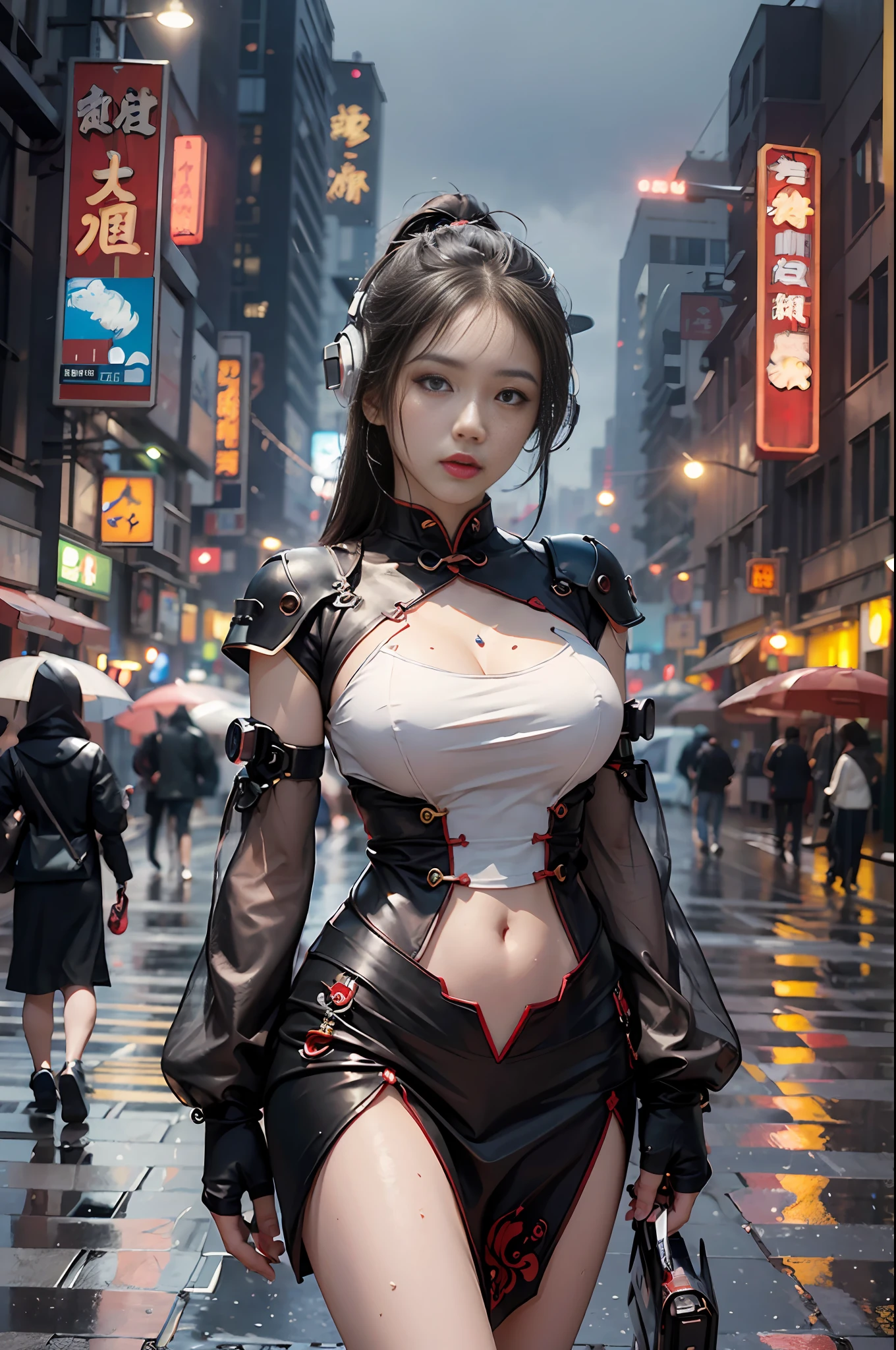 ((best quality)), ((masterpiece)), (detailed), realistic, surreal, surreal, masterpiece, 8k, official art, absurd, high resolution, high quality, ultra-detailed, beauty and aesthetics, futurism, technology, city, night, rain, (1 girl:1.5), cyberpunk, chinese clothing, cheongsam, mechanical parts,