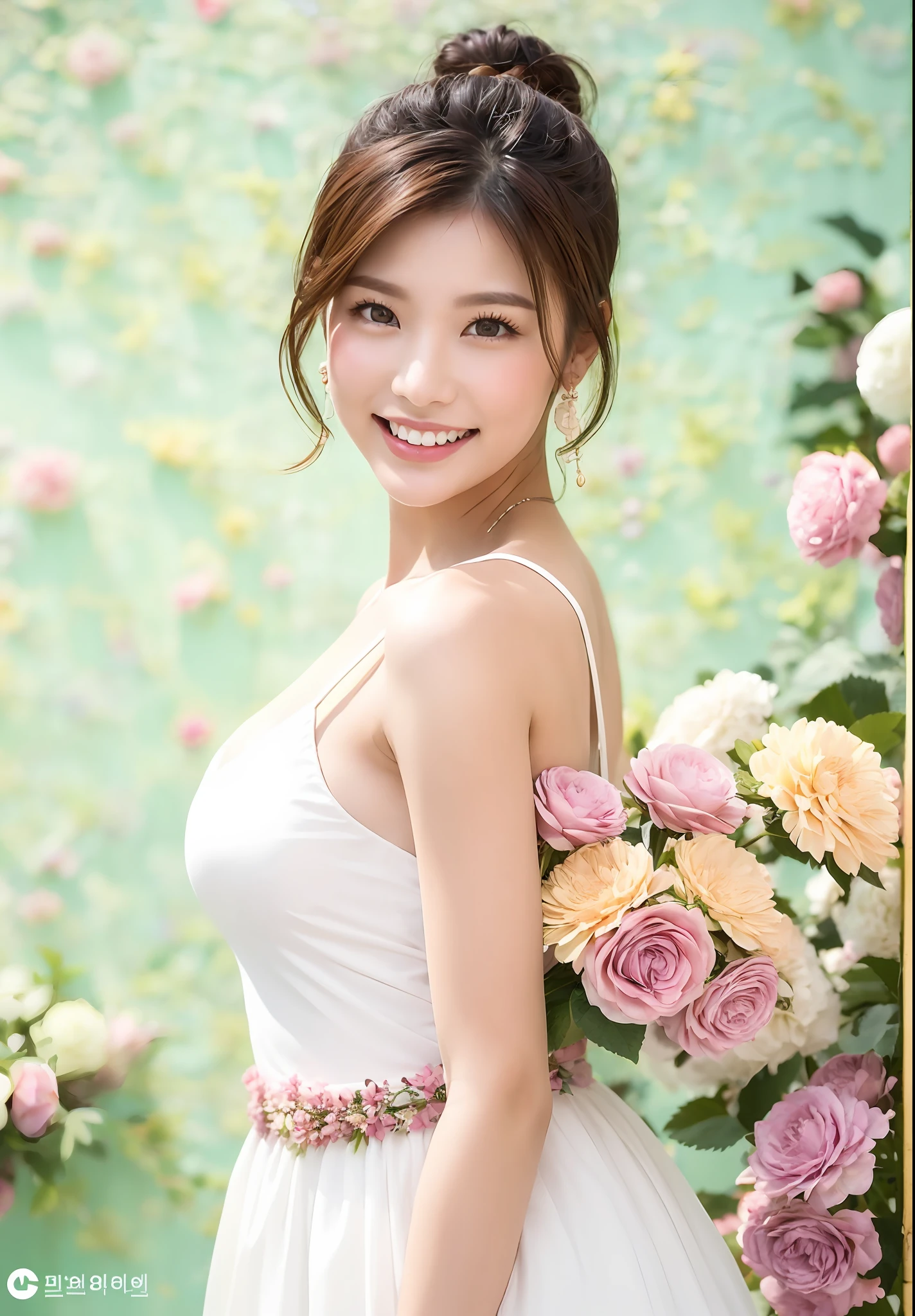 (Best Light: 1.2, Cute Korean Girl: 1.2, [White Dress: 1.3], Colorful Flower Wall, Poster Level, Flowers on the Wall Not Crowded, Elegant and Colorful: 1.1, Bright and Moving: 1.1, [Ultra-detailed: 1.2+Dynamic Pose + Delicate: 1.2],), Big breasts, smiling, flanked by five-colored flowers, pink hydrangeas, roses, colorful small chrysanthemums on the wall, The background wall is a wall of flowers predominantly pink