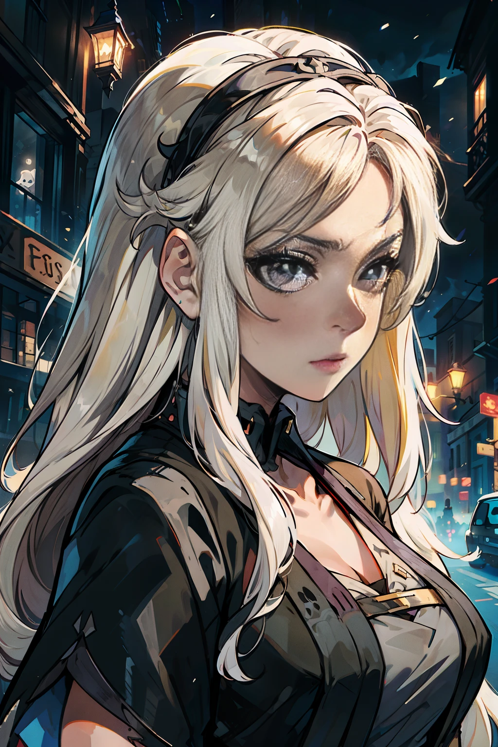 Ghost adult woman (long straight platinum blonde hair, black eyes eyes, long black veil over head) semi transparent on a dark street, floating, terror, death woman, death, black fabrics, ghost, gothic, style, expressionless, black dress, mourning, Guweiz-style art, 3D style anime, render of a cute 3D anime girl, portrait woman, render woman 35 years photorealistic anime, portrait, realistic 3d anime style, anime style. 8k, guweiz on artstation pixiv (absurdres, highres, ultra detailed),girl, solo, mature (long hair, voluminous long bangs),eyes (gray), wearing a veil on the face,torn clothes, suspense, colorful, higher detailed, upper body, dutch angle, saint