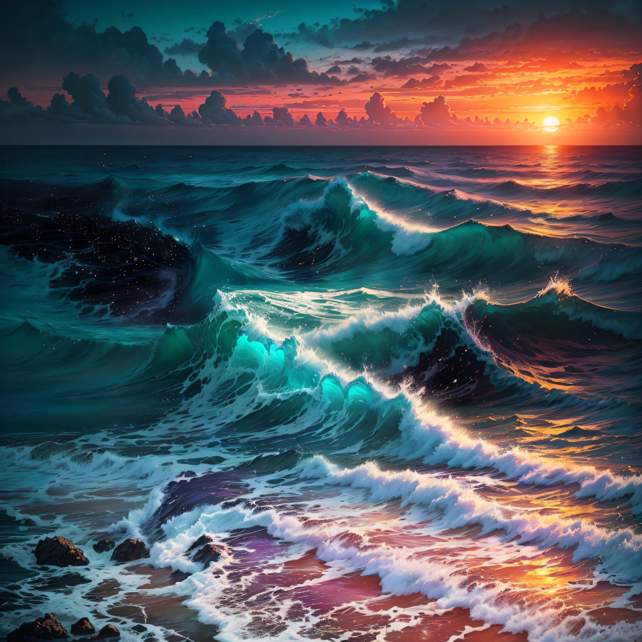 arafed view of a sunset over the ocean with waves, highly detailed digital painting, fantasy sea landscape, beautiful ocean, chaotic sea setting, colorful sunset, digital painting highly detailed, 4k highly detailed digital art, ocean waves, beautiful art uhd 4 k, beautiful digital painting, sea waves, highly detailed digital artwork, very detailed digital painting, turquoise horizon