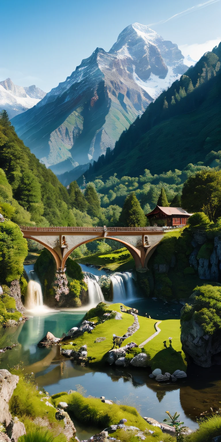 Rivendell, the mythical place and home of the elves, set among mountains of splendid green; snowy mountains. Cinematic, hyper-realistic, HD.