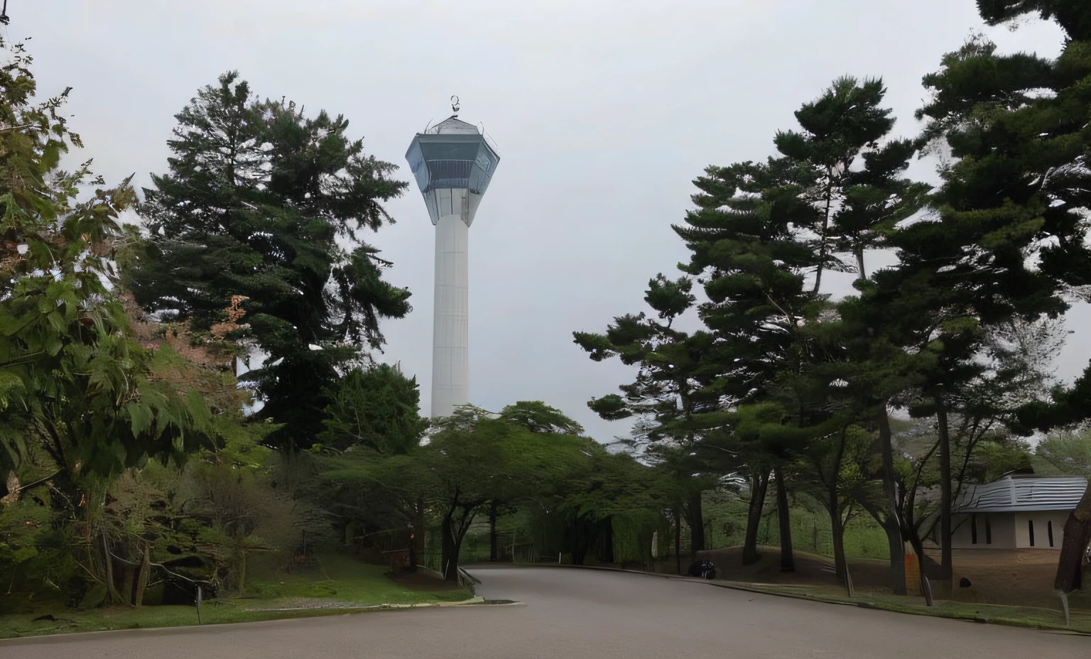trees line the road in front of a tall tower, tower, watch tower, lookout tower, from the distance, view from the distance, sangyeob park, 155 cm tall, viewed from the ground, surrounding the city, view from the ground, 165 cm tall, view from a distance, the photo was taken from afar, viewed from a distance