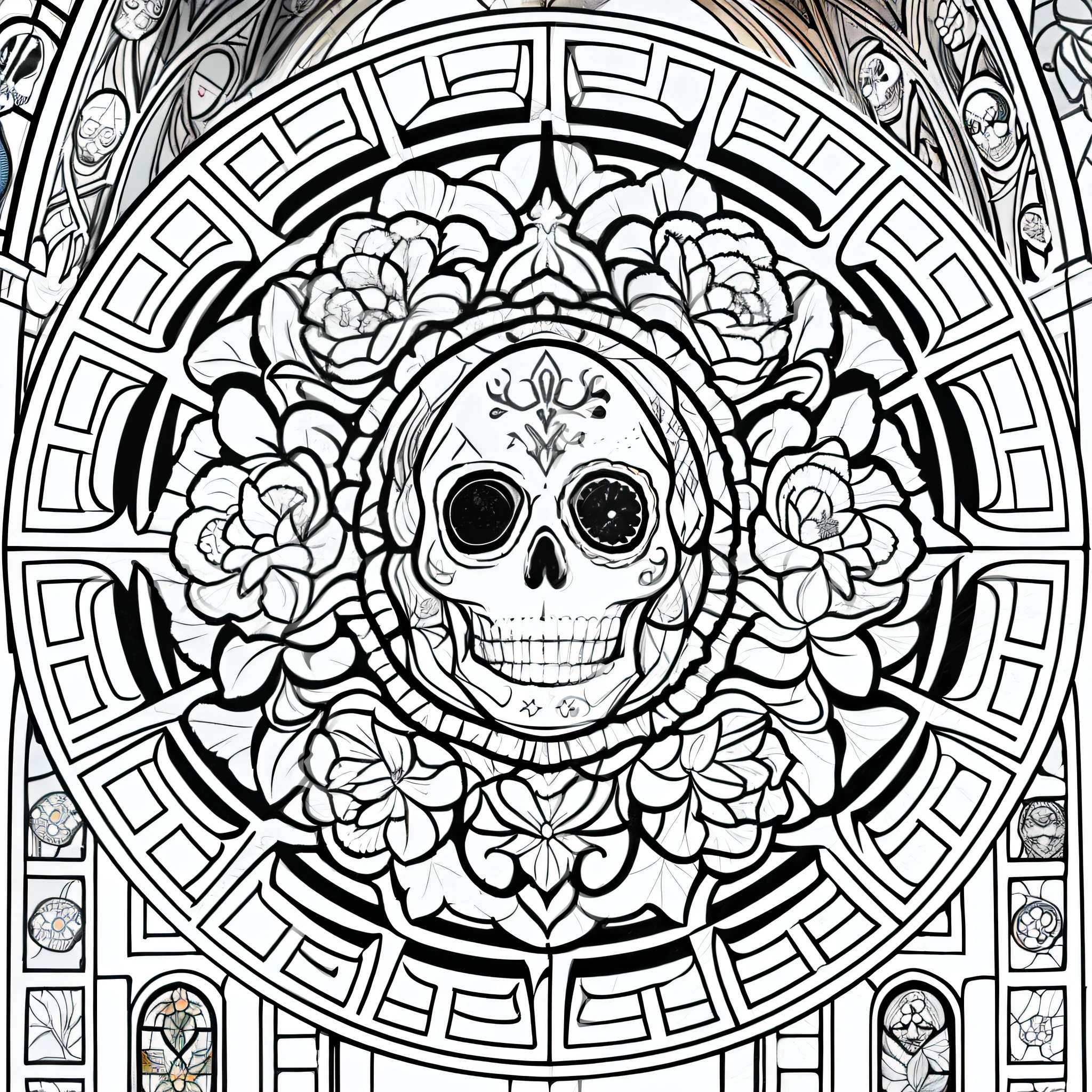 Masterpiece, best quality, (detailed background), high contrast, decorated sugar skull, flower background, thick and clean line drawings, stained glass type, vector