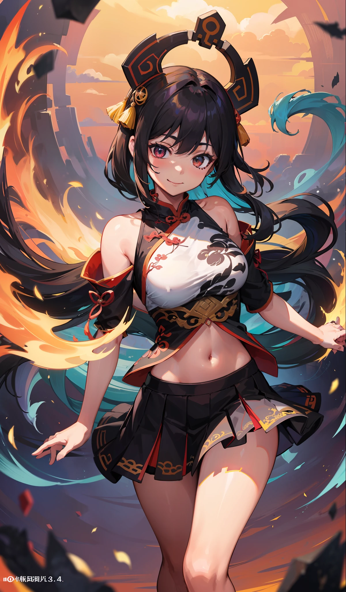 Official Art, Unified 8K Wallpapers, Ultra Detailed, Beautiful and Aesthetic, Masterpiece, Best Quality, (Zentangle, Tangle, Entangle), (fractal art: 1.4), 1girl, black hair, Chinese, bare shoulders, short skirt, calf, navel, very detailed, dynamic angle, cowboyshot, (most beautiful form chaos), flowing, (bright colors), oc, (half: 1.2), china, (thangka flying sky: 1.5), (ribbon: 1.3), (dream: 1.5), (hanfu: 1.5), Chinese dragon, Chinese phoenix, (smile: 0.5), (Chinese deity),