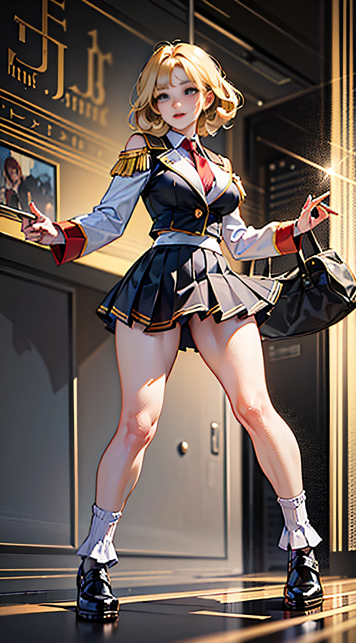A female, young woman, shoulder-length short hair, blonde hair, wavy micro-curls, perfect facial features, slightly fat, big breasts, long legs, standing position, full limbs, single full body portrait, JK uniform, ultra-short pleated skirt, white mid-tube socks, round toe Mary Jane shoes, 8k, very detailed, accurate, best quality, three-dimensional, deep eyes, long eyelashes, double eyelids, high nose bridge, three-dimensional facial features