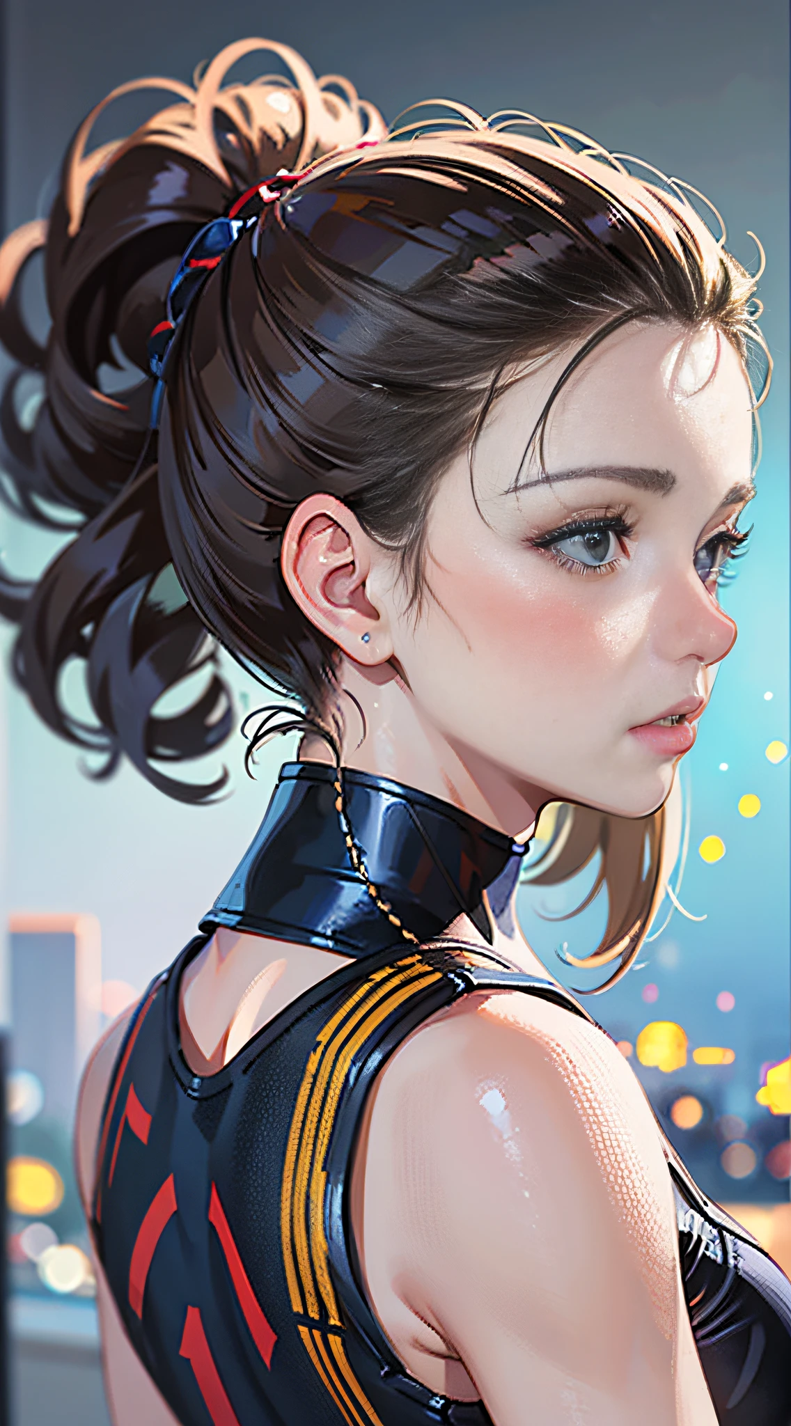 (masterpiece, best quality:1.2), 1girl, teenage girl, microdisplacement, action, grey, coral, hair up, spring, maillot, from behind, on side, character concept art, portrait, very coherent, 4k, detailed, trending on artstation, HD, realistic, bokeh, digital illustration of rossdraws, detailed, 4 k, amazing detail, digital