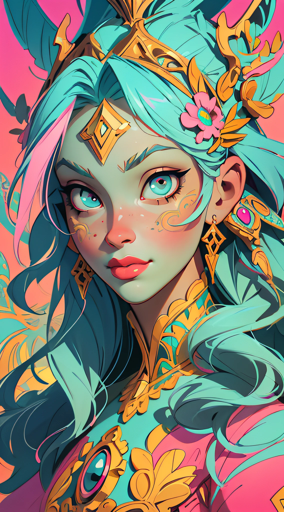 Symmetry, Finely Detailed Elaborate Ornate Alien Queen Goddess with Elaborately Detailed Colorful Eyes; by Lisa Frank, jeff koons, Orange and Pink, and Yellow and Teal, pretty face, intricate, elegant, highly detailed, digital painting, art station, concept art, smooth, sharp focus, illustration, art by art germ and greg rutkowski and alphonse mucha, 8k
