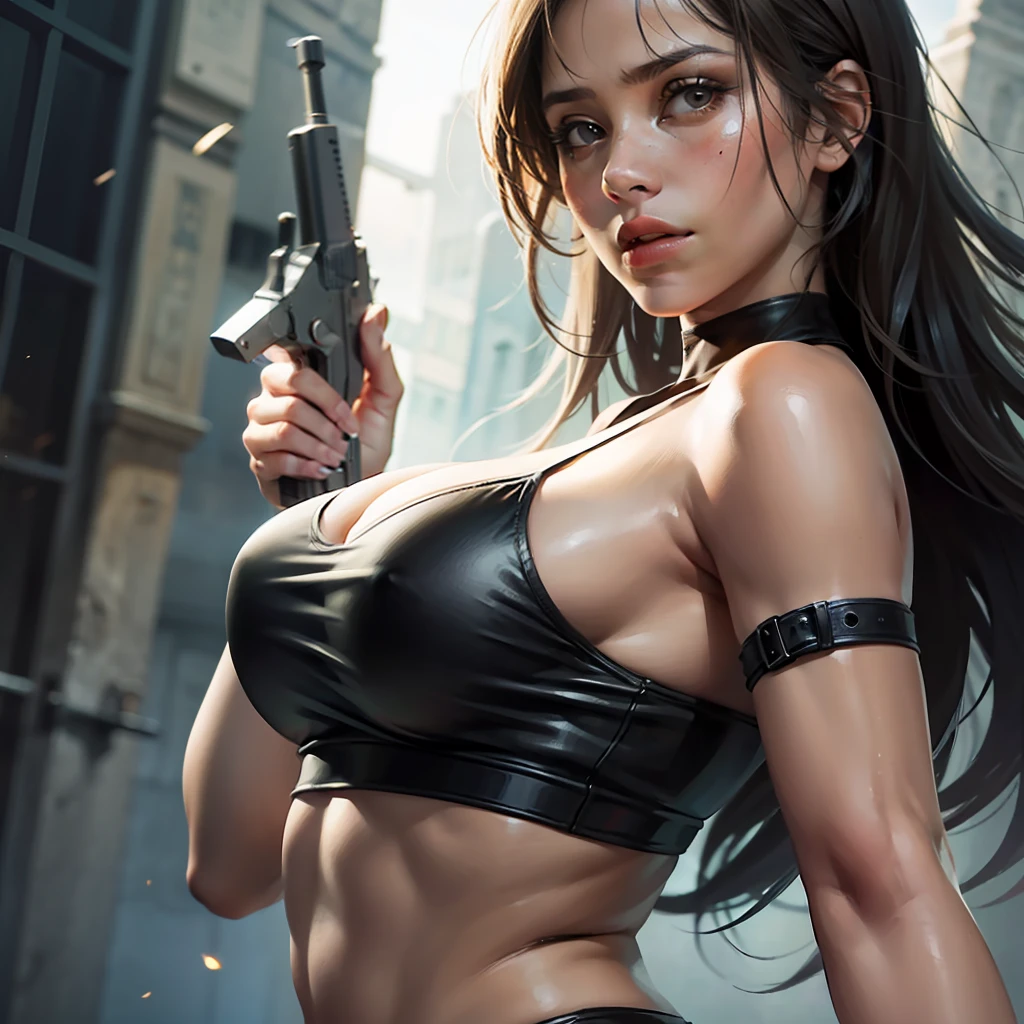 Lara Croft, Tomb Raider,(Woman) ,Female, ((brunette)) ,holding pistol, serious look, long hair, dark eyes, fleshy lips, Latin American,anime, kentaru miura, berserk, manga, 8k, best quality, dynamic light