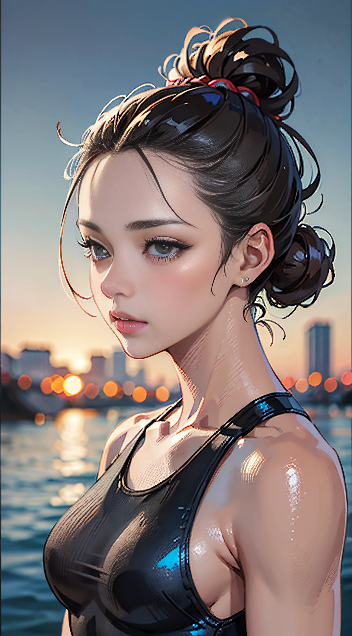 (masterpiece, best quality:1.2), 1girl, age girl, microdisplacement, action, grey, coral, hair up, spring, maillot, from behind, on side, character concept art, portrait, very coherent, 4k, detailed, trending on artstation, HD, realistic, bokeh, digital illustration of rossdraws, detailed, 4 k, amazing detail, digital