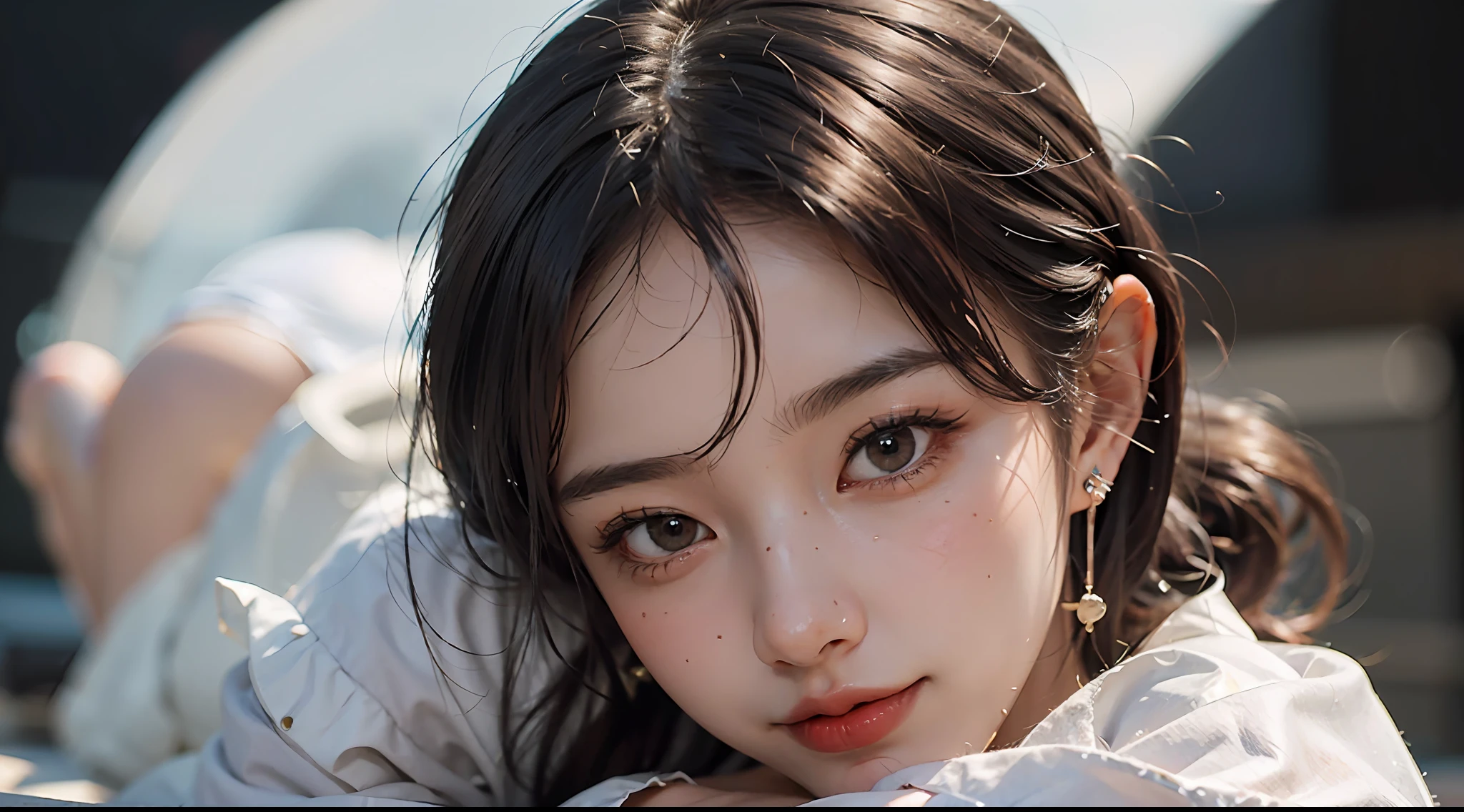 (button up to shirt length: 1.2), (White shirt wet by rain), (unbuttoned shirt: 1.1), big breasts, deep cleavage, best quality, masterpiece, illustration, very delicate and beautiful, very detailed, CG, Unity, 8K wallpapers, amazing, fine detail, highly detailed CG Unity 8K wallpapers, huge file size, very detailed, high resolution, handsome detailed woman, very detailed eyes and face,  Stunning detailed eyes, light on the face, (Best illustration: 1.1), (best shadow: 1.1), ultra high resolution, (photorealistic: 1.1), (photorealistic 1.2:1.1), realistic face proportions, slim, smile, (makeup: 0.4), (fluffy black eyes: 1.21), black eyes, looking at the viewer, dark brown hair, earrings, necklaces, hairpins, cowboy shots, (irregular irregular skin imperfections, veins, skin wrinkles pores: 1.2), (dark night background: 1.2), (bokeh: 1.4),