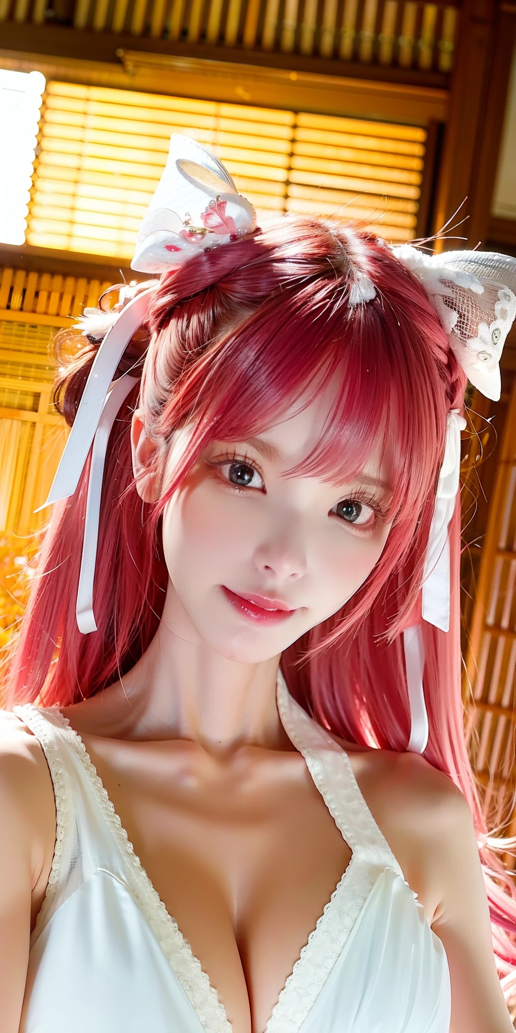 (8k, 4k, best quality, highres:1.2), (maasterpiece, realistic, photo realistic:1.37), 1girl, solo, beautiful face, eyelashes, nose, glossy lips, (detailed eyes, looking at viewer, fair skin, white skin:1.5), fine complexion, upper body,
large breasts, busty,,,
outdoor onsen,
two side up, absurdly long hair, blonde hair, pink hair, bangs, hair ornament, bow,
younger, aged down,