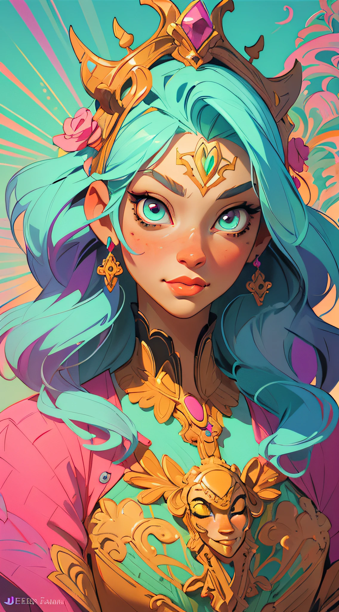 Symmetry, Finely Detailed Elaborate Ornate Alien Queen Goddess with Elaborately Detailed Colorful Eyes; by Lisa Frank, jeff koons, Orange and Pink, and Yellow and Teal, pretty face, intricate, elegant, highly detailed, digital painting, art station, concept art, smooth, sharp focus, illustration, art by art germ and greg rutkowski and alphonse mucha, 8k