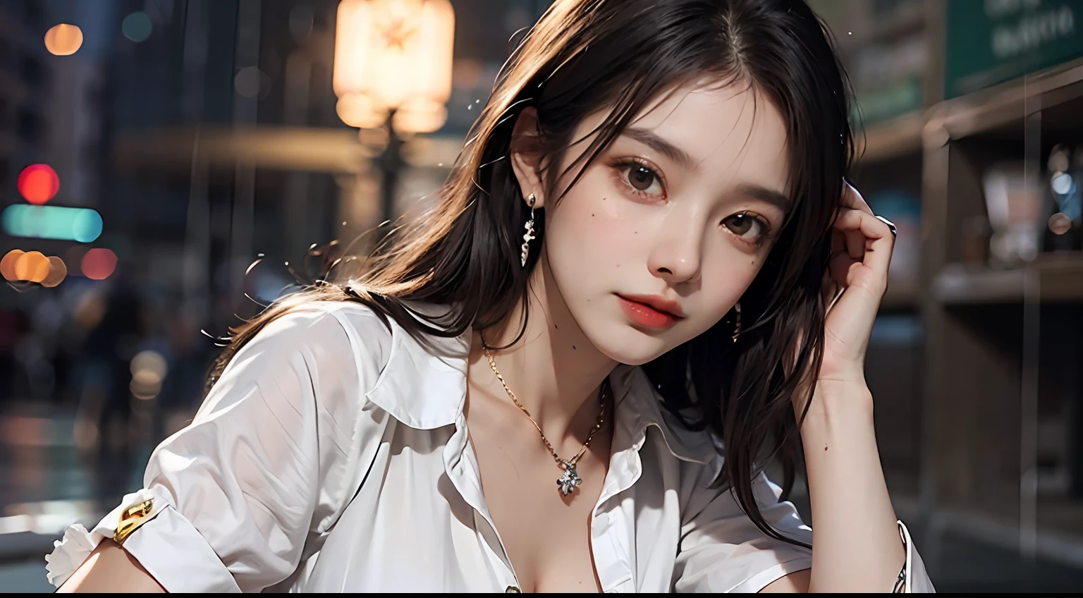 (ons up to shirt length: 1.2), (white shirt wet in the rain), (shirt unbuttoned: 1.1), big, deep cleap quality, masterpiece, photo-like, pose to take pictures, full body is shown, very delicate and beautiful, very detailed, CG, unity, 8k wallpaper, amazing, fine details, highly detailed CG Unity 8K wallpaper, huge file size, Very detailed, high resolution, handsome detailed woman, highly detailed eyes and face, stunning detailed eyes, face light, (best illustration: 1.1), (best shadow: 1.1), super high resolution, (photorealistic: 1.1), (photorealistic 1.2:1.1), realistic face proportions, slim, smile, (makeup: 0.4), (fluffy black eyes: 1.21), black eyes, Watch Dark Brown Hair, Earrings, Necklace, Hairpin, Cowboy Shot, (Irregular Irregular Skin Imperfections, Veins, Wrinkled Pores: 1.2), (Dark Night Background: 1.2), (Bokeh: 1.4), --s 1000