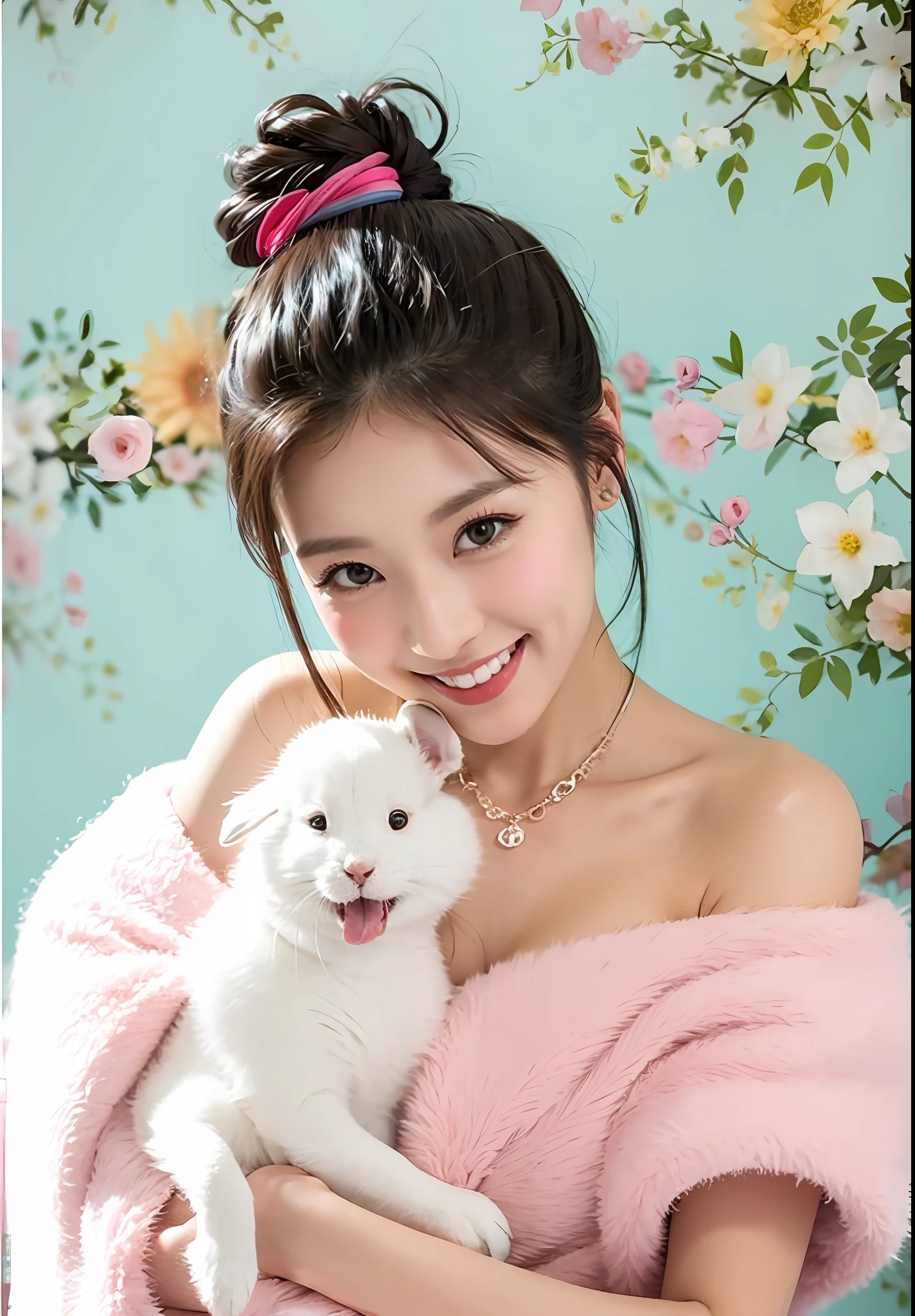 (Best light: 1.2, cute Korean girl: 1.2, [white dress: 1.3], wearing pink fur bandeau dress, holding a white rabbit in her hand, multicolored flower wall, poster level, flowers on the wall are not crowded, elegant and colorful: 1.1, bright and moving: 1.1, [ultra-detailed: 1.2 + dynamic pose + delicate: 1.2],), big breasts, smiling, flanked by five-colored flowers, The wall is pink hydrangeas, roses, colorful chrysanthemums, and the background wall is a wall of flowers mainly pink