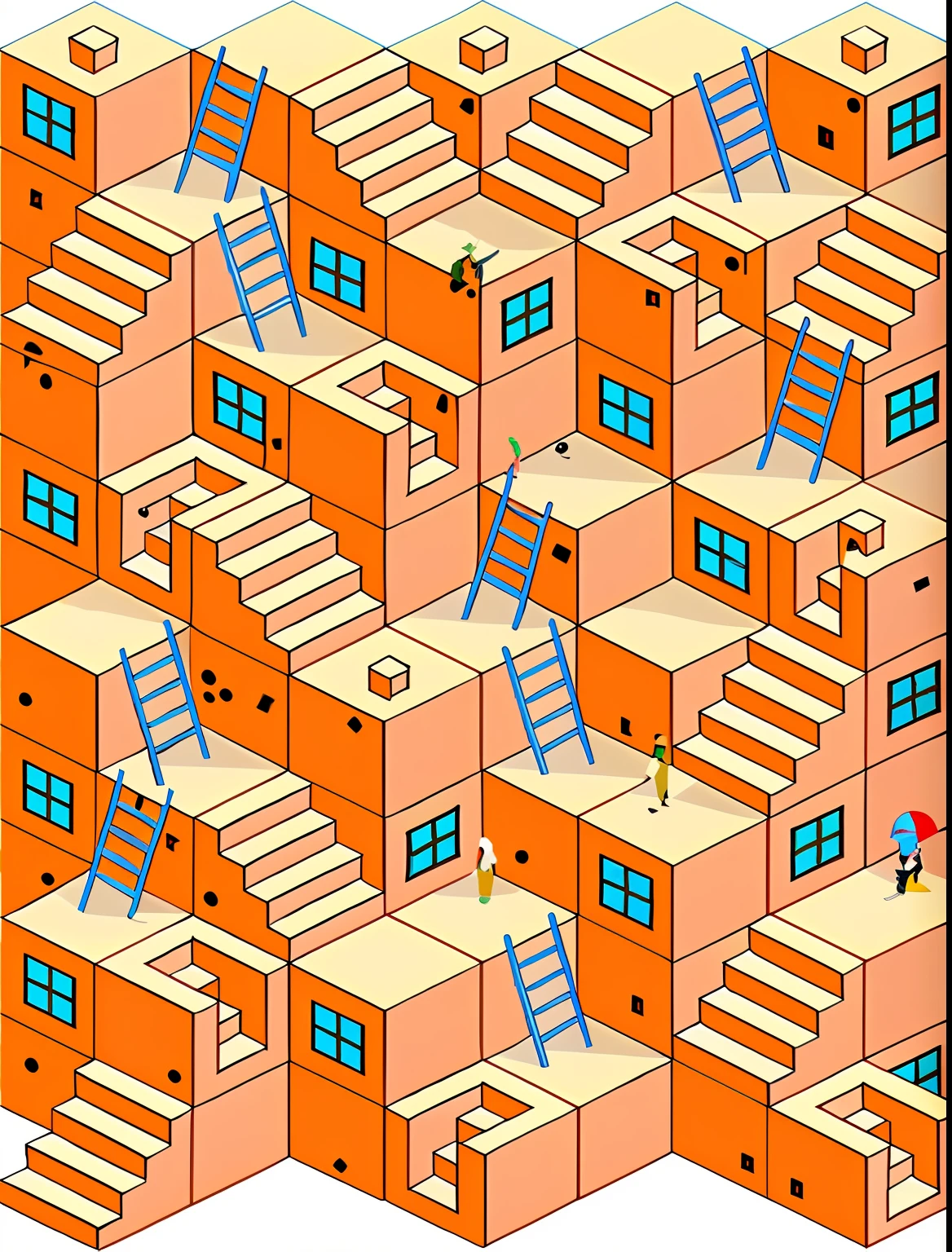 a maze with a ladder and a man climbing up the stairs, mc escher style architecture, mc escher style, escher style, isometric illustration fun, inspired by MC Escher, mc escher tesselation, isometric staircase, isometric art, inspired by M. C. Escher, inspired by M.C. Escher