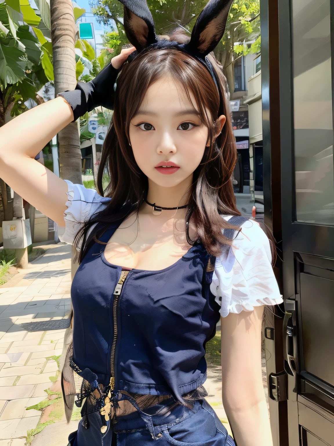 Kim Ji-ni Jennie face, wearing a rabbit headband, wearing a slim blue shirt, open waist, short motorcycle vest cleavage, tight shorts, gloves, strong contrast, sunlight on the face