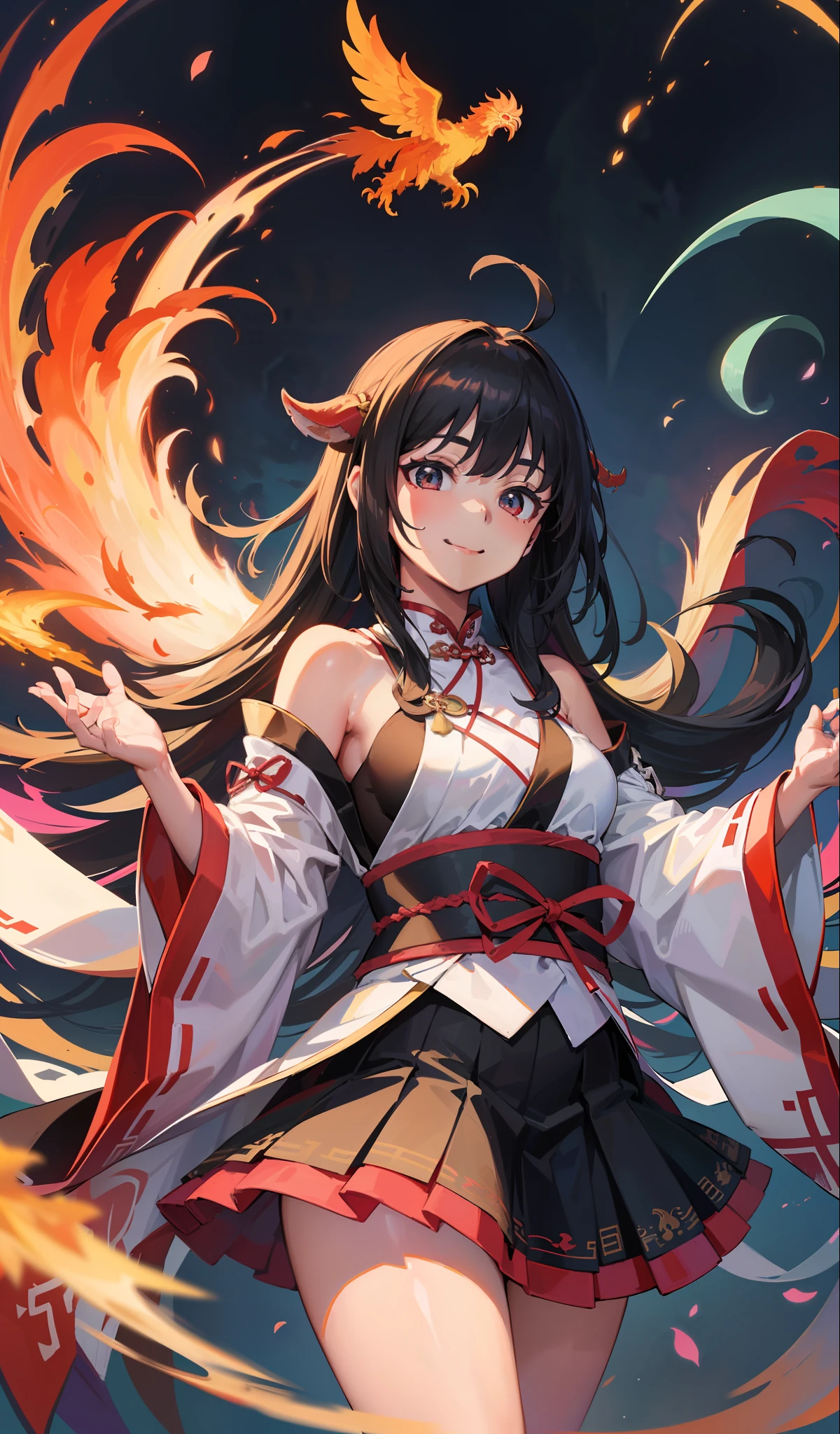 Official Art, Unified 8K Wallpapers, Ultra Detailed, Beautiful and Aesthetic, Masterpiece, Best Quality, (Zentangle, Tangle, Entangle), (fractal art: 1.4), 1girl, black hair, Chinese, bare shoulders, short skirt, calf, navel, very detailed, dynamic angle, cowboyshot, (most beautiful form chaos), flowing, (bright colors), oc, (half: 1.2), china, (thangka flying sky: 1.5), (ribbon: 1.3), (dream: 1.5), (hanfu: 1.5), Chinese dragon, Chinese phoenix, (smile: 0.5), (Chinese deity),