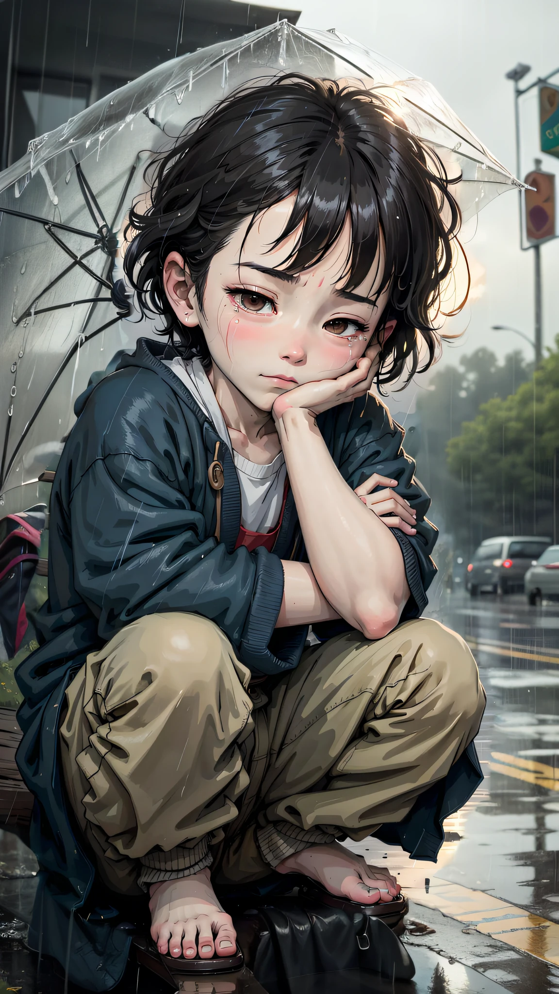 Rainy roadside rain without umbrellas --auto