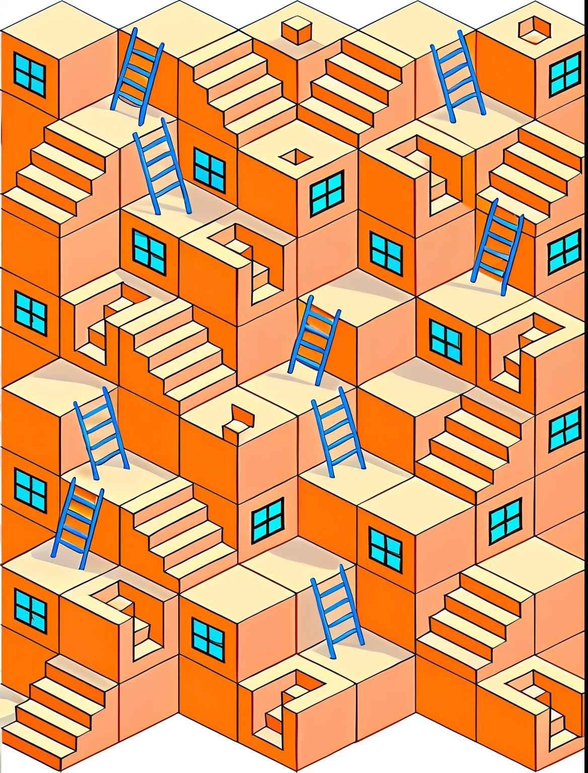 a maze with a ladder and a man climbing up the stairs, mc escher style architecture, mc escher style, escher style, isometric illustration fun, inspired by MC Escher, mc escher tesselation, isometric staircase, isometric art, inspired by M. C. Escher, inspired by M.C. Escher