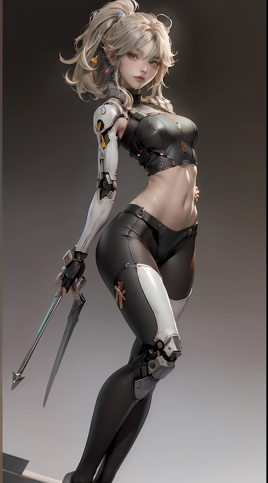 head and full body and full legs, Extremely cute human eighteen year old girl face, human torso, human huge boobs, human abdomen, human hips, human arms, mechanical legs, arms and legs with hard white shiny shell and black joints, very beautiful and feminine, short, petite, small, small, busty buttocks, medium bust, cleavage display, flat belly display, partial helmet with antenna on the ear, black robot joints, very stylish, award-winning product design, black rubber tights, The shiny white metal breastplate opens at the cleavage and abdomen, the white metal buttocks are wrinkled, and the armor has stylish, glowing trims