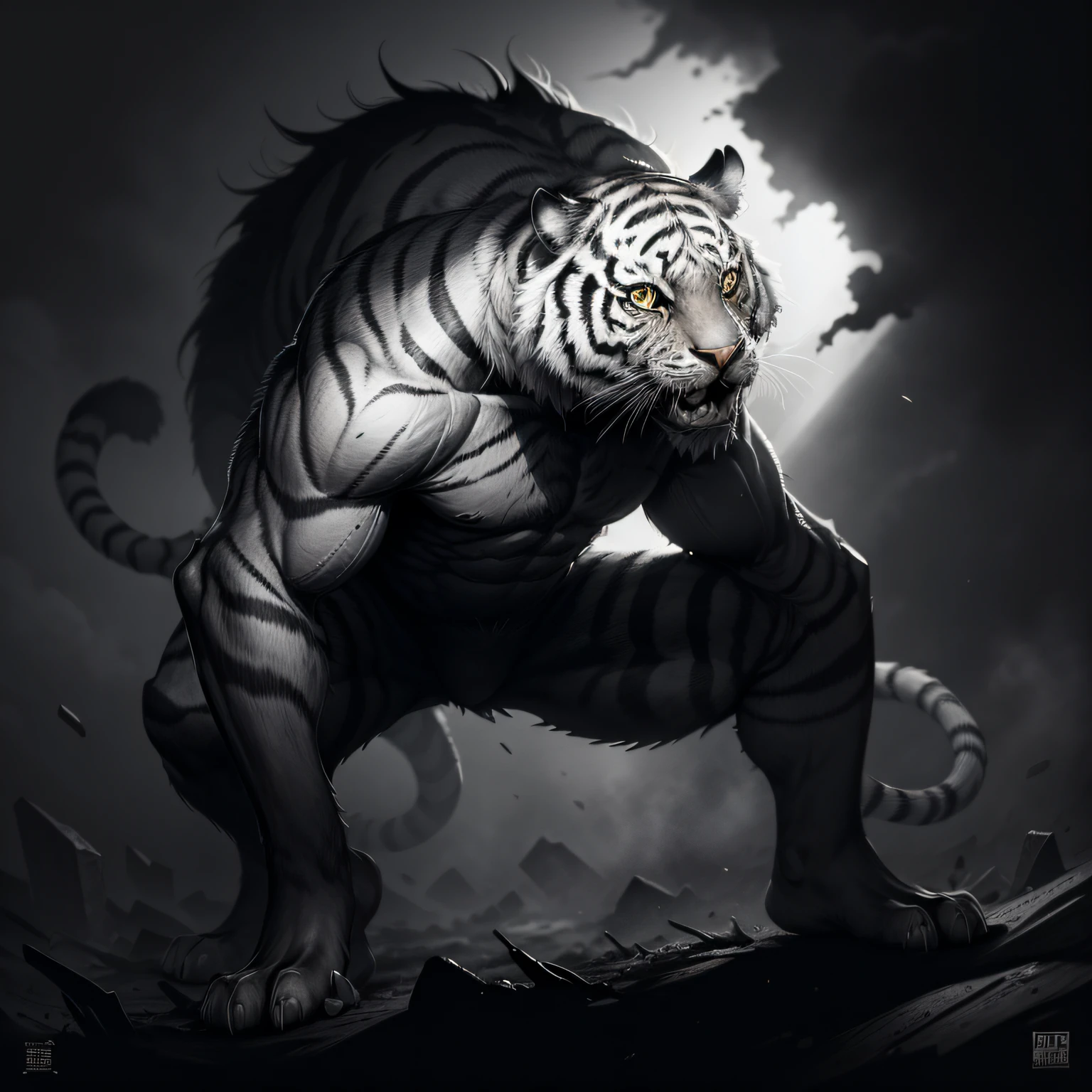 a black and white drawing of a tiger, inspired by Frank Frazetta, frank frazetta manga style, frank frazetta style, , in travis charest style, travis charest style, inspired by Wayne Barlowe, inspired by Paul Pelletier --auto