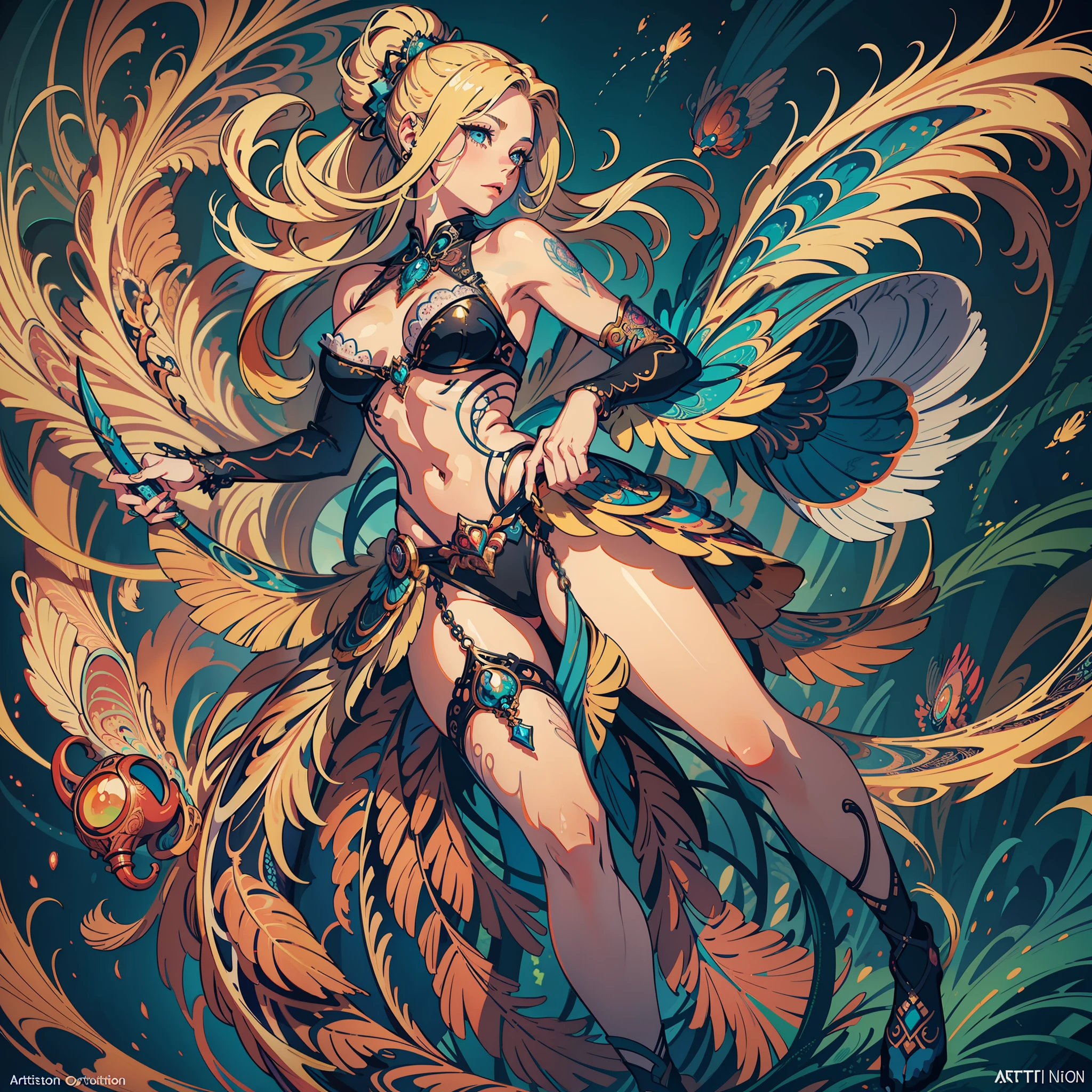 , AVRIL LAVIGNE with long blonde hair and blue eyes, detailed digital anime art, artgerm on artstation pixiv, digital anime illustration, artgerm. Anime illustration, fantasy art style, Ernst Haeckel, James Jean. generative art, baroque, intricate patterns, fractalism, film still, photorealistic, bright peacock feathers, intricate, elegant, highly detailed, digital painting, art station, smooth, sharp focus, illustration, overtaking, vaporizer, full body shot