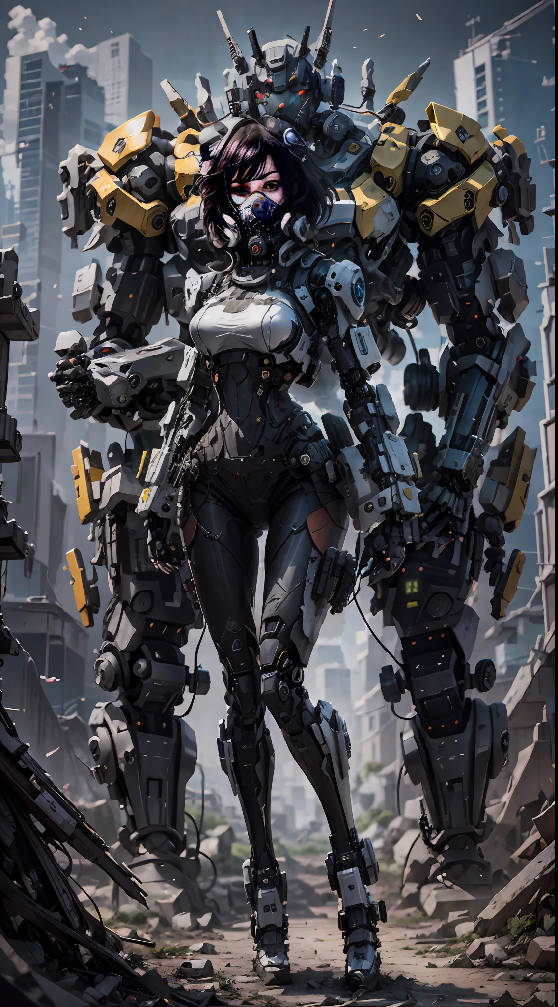 This is a CG Unity 8k wallpaper with ultra-detailed, high-resolution and top quality in cyberpunk style, dominated by black and red. In the picture, a beautiful girl with white messy short hair, a delicate face, wearing a steam mecha mask, standing on the ruins, behind her is a huge robot, and the action of a woman holding a heavy sniper rifle in her hand,